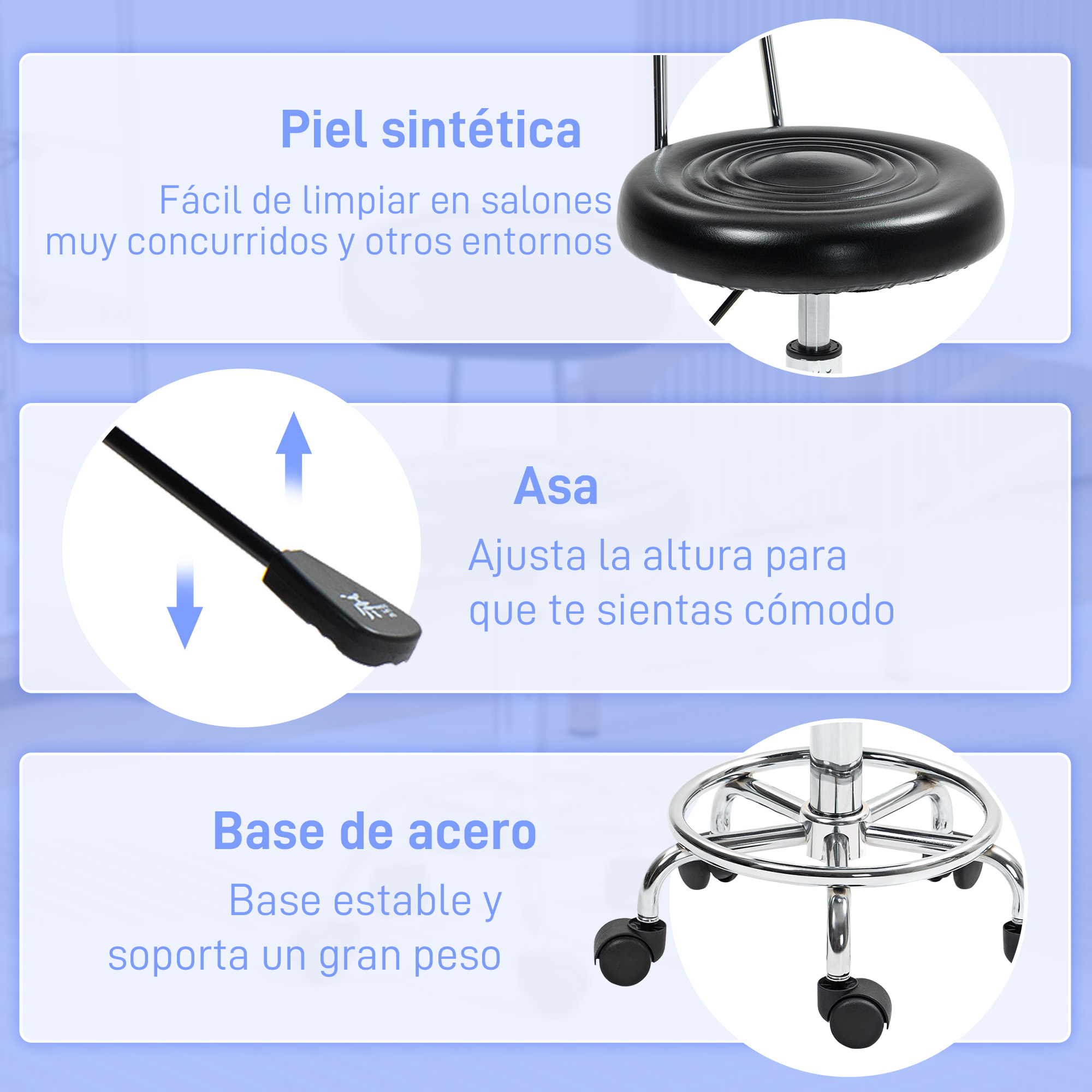 La imagen muestra partes de una silla: asiento, palanca de ajuste y base con ruedas. El texto destaca características.