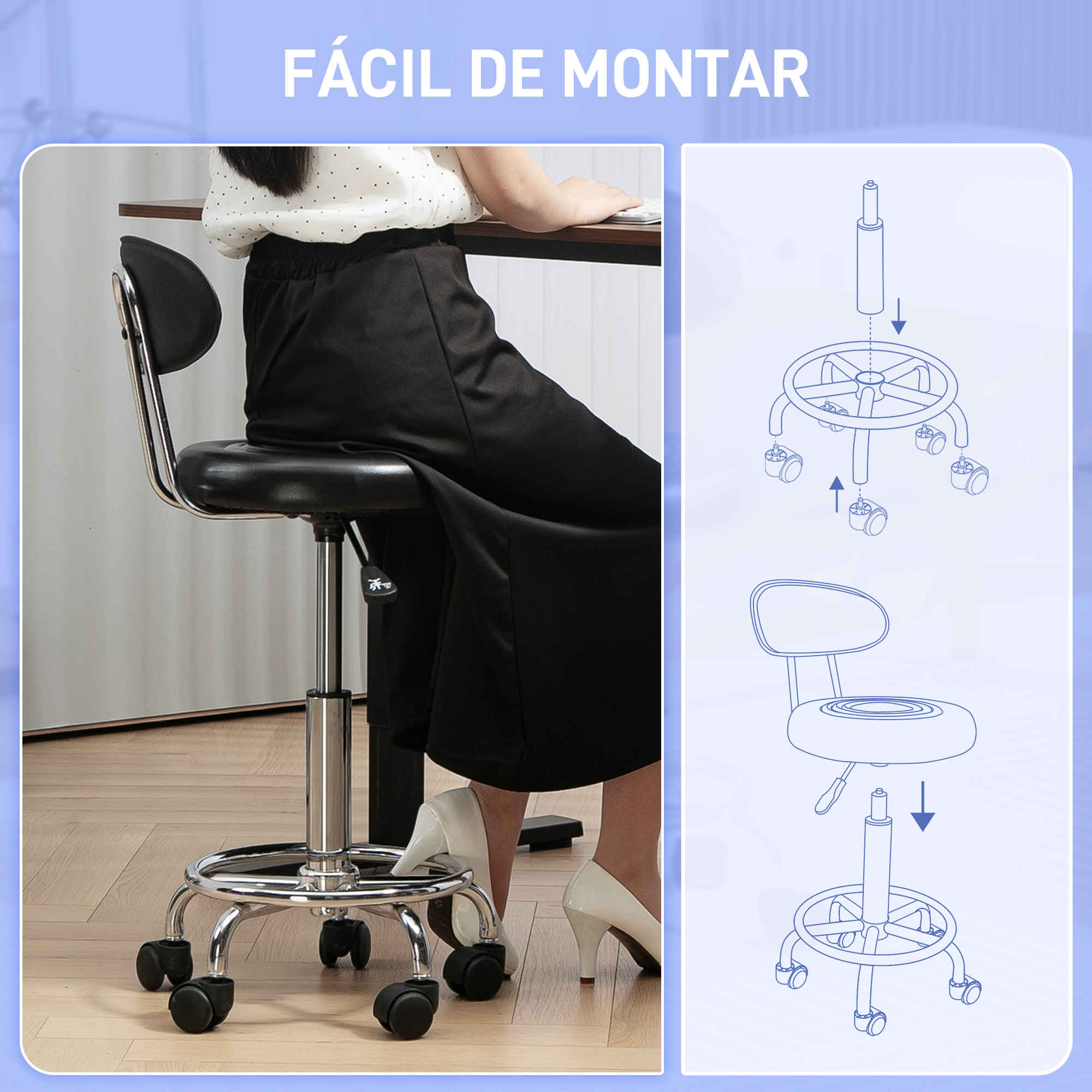 Una persona está sentada en una silla negra con ruedas en un escritorio. Al lado, un diagrama muestra el montaje de la silla.