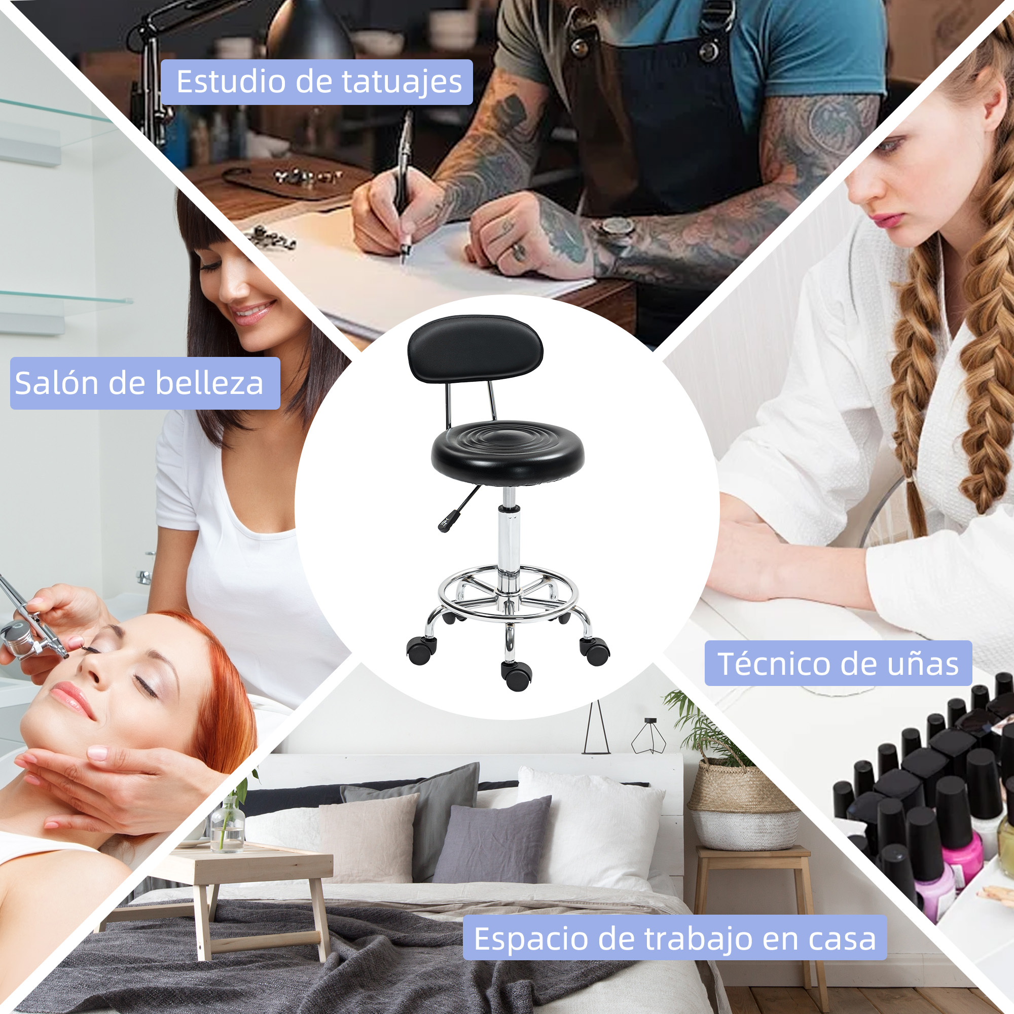 Un collage que muestra un estudio de tatuajes, un salón de belleza, una técnica de uñas y un espacio de trabajo en casa con un taburete rodante en el centro.