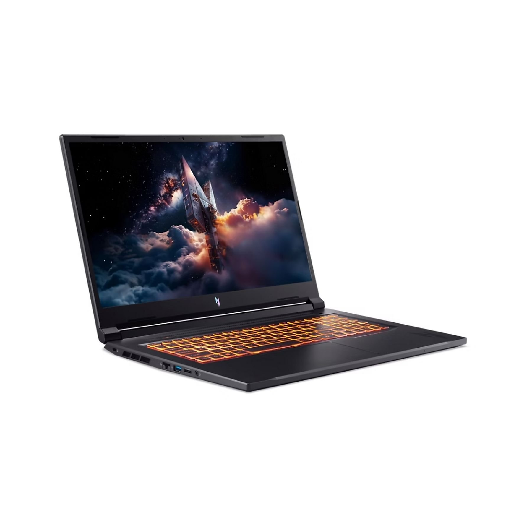 Un laptop nero con tastiera arancione retroilluminata mostra una scena di astronave. Il laptop è su sfondo bianco.