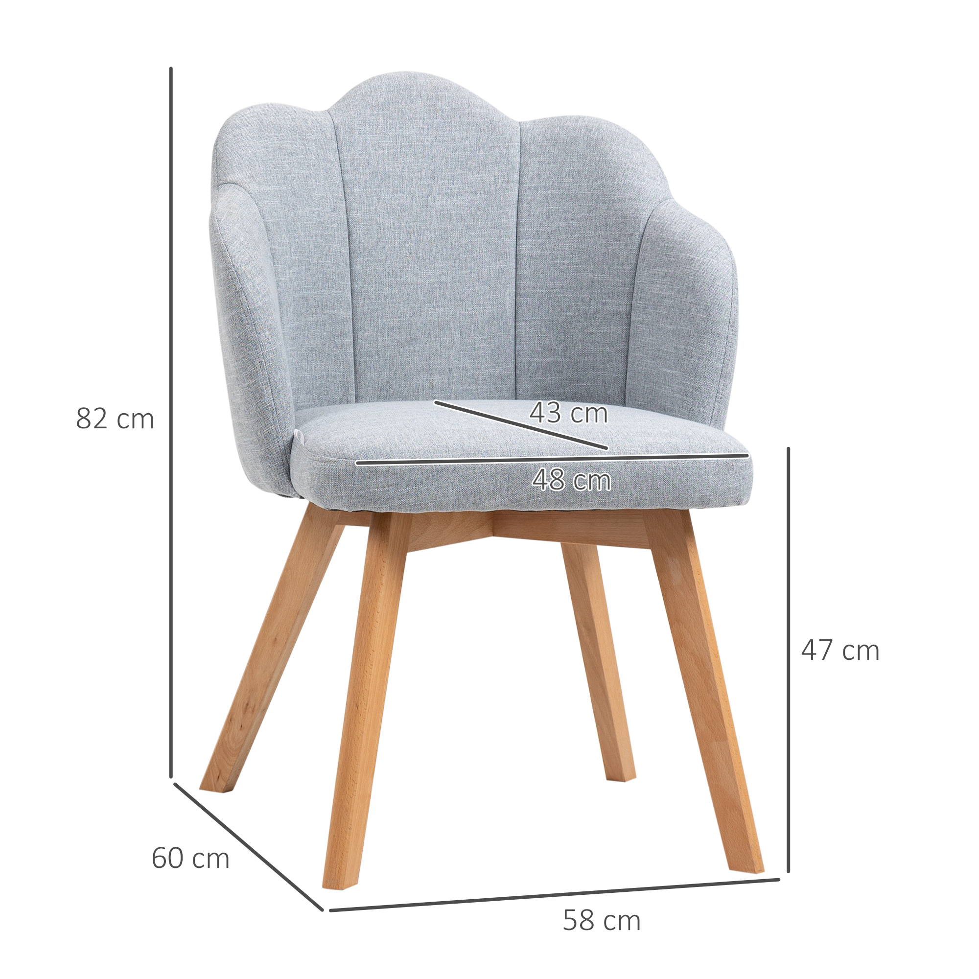 Una silla gris tapizada con patas de madera clara. Las dimensiones están etiquetadas: 82cm, 43cm, 48cm, 47cm, 60cm y 58cm.