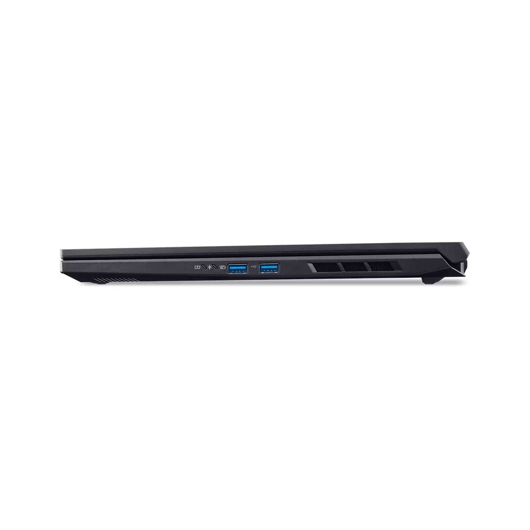 Vista laterale di un laptop nero. Le porte visibili includono USB e jack audio, e fessure di ventilazione.