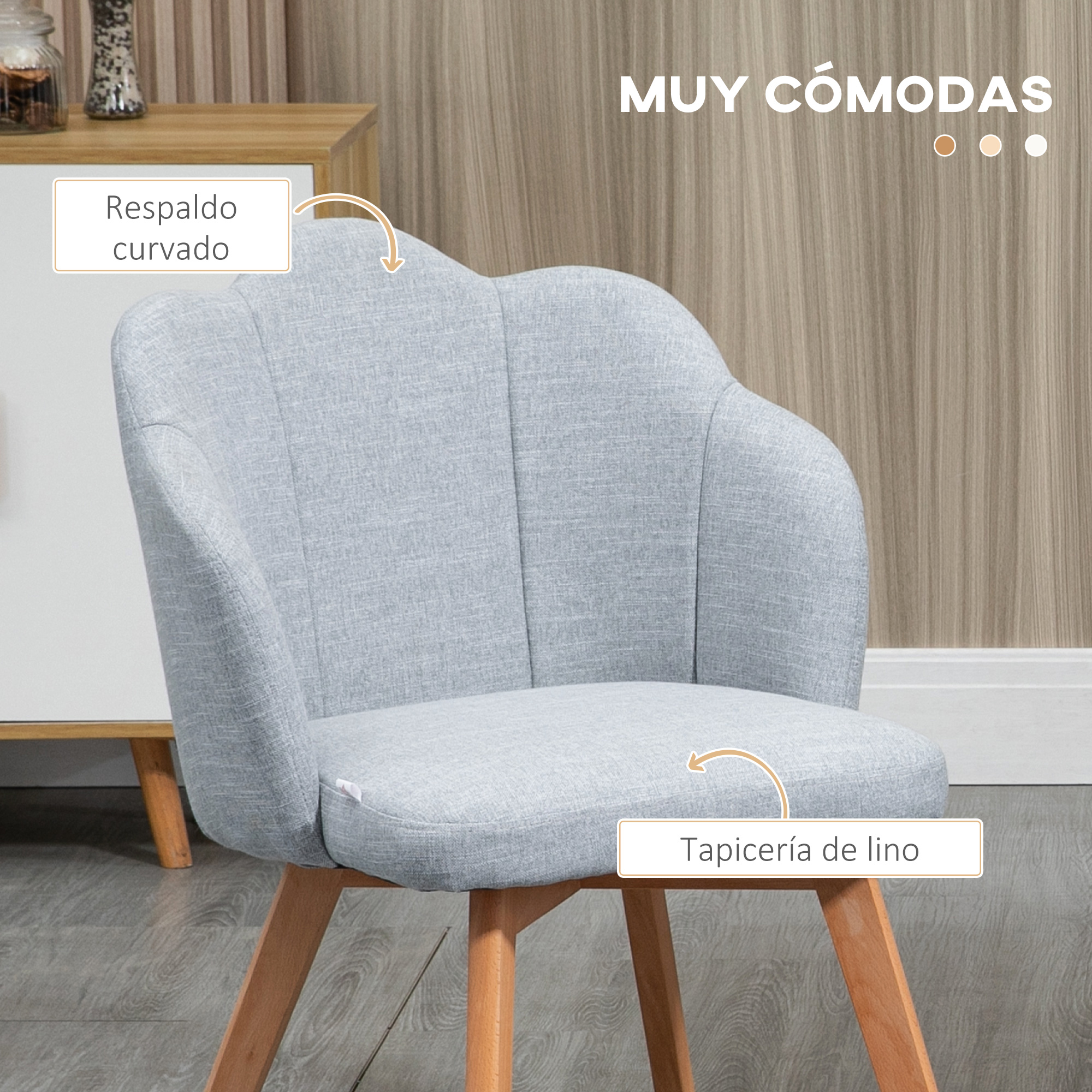 Una silla tapizada gris con respaldo curvo y patas de madera. El texto superior dice 'MUY CÓMODAS'.
