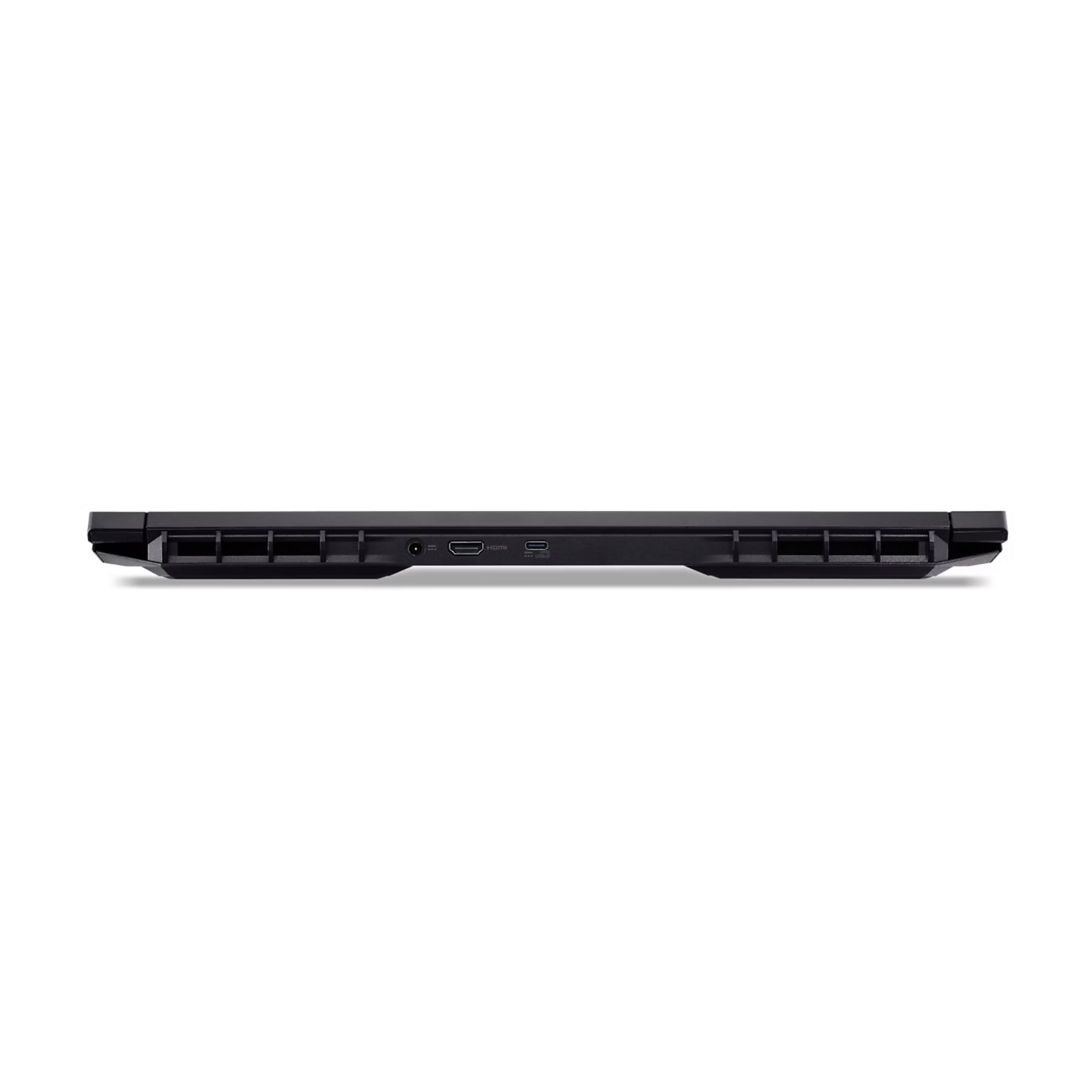 Base per laptop nera, porte visibili. Include porte HDMI e USB. Sono presenti prese d'aria. Sfondo bianco.