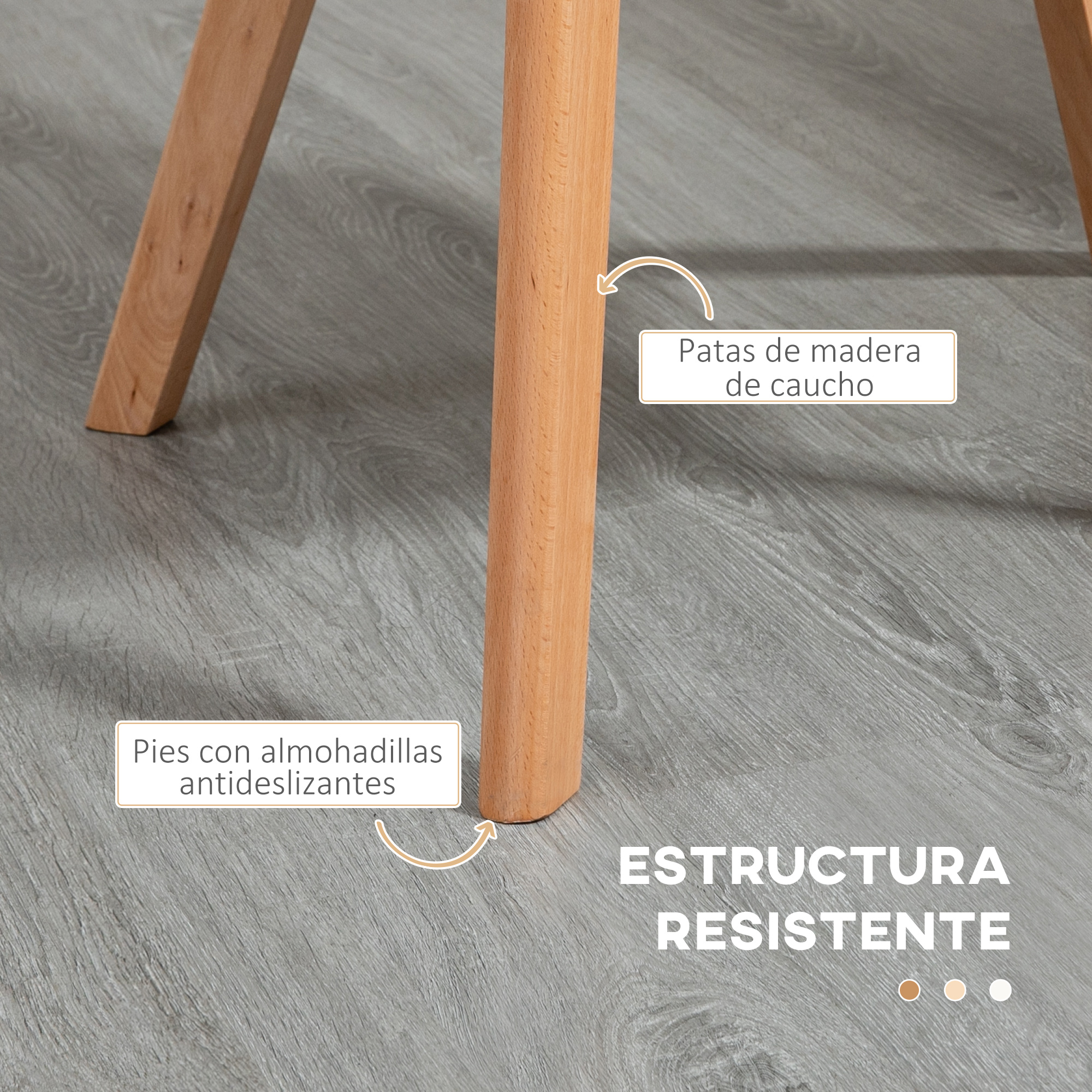 Primer plano de una pata de mesa de madera. El texto indica patas de madera de caucho y pies antideslizantes sobre una superficie gris.