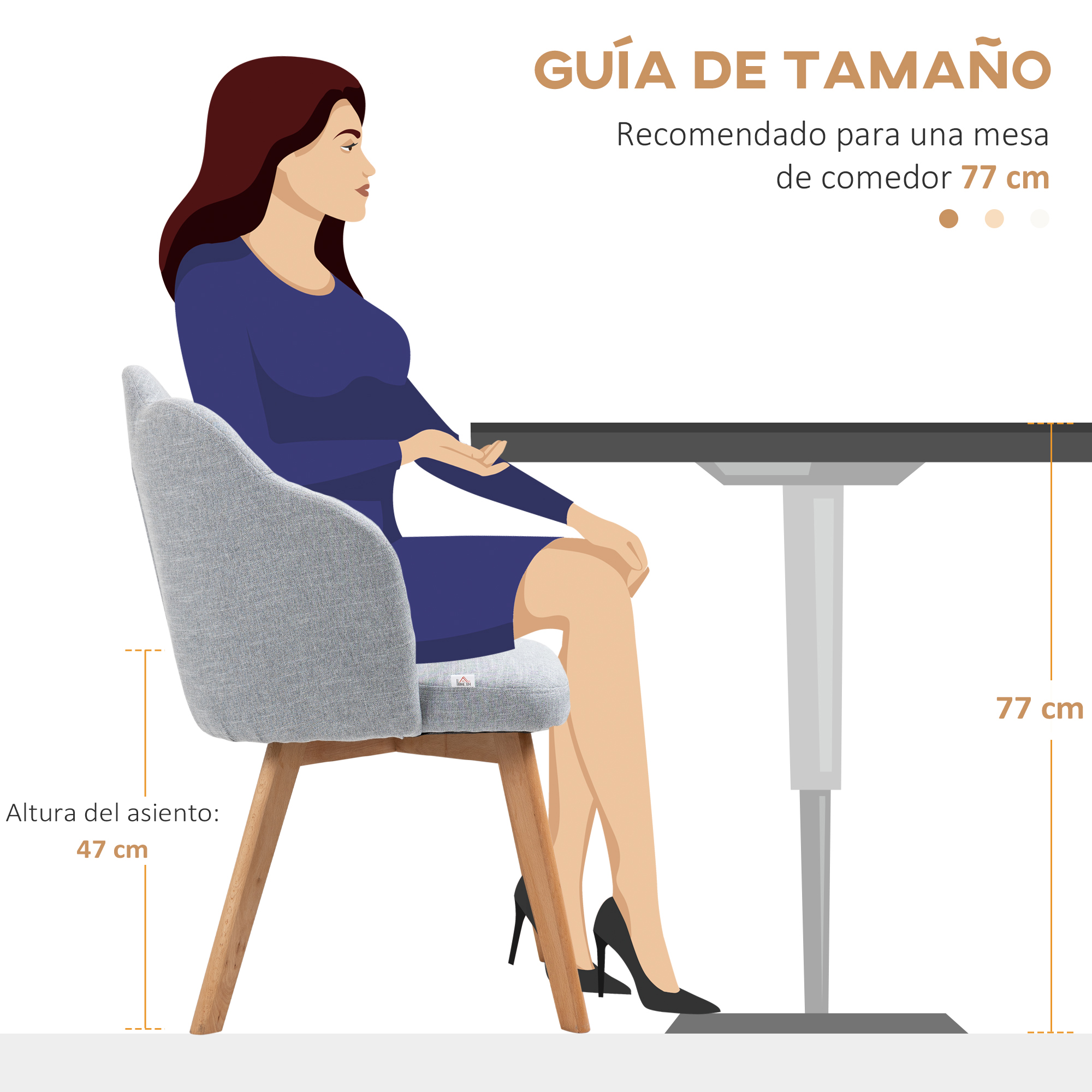 Ilustración de una mujer sentada en una mesa. El texto indica altura de mesa 77 cm y altura de asiento 47 cm.