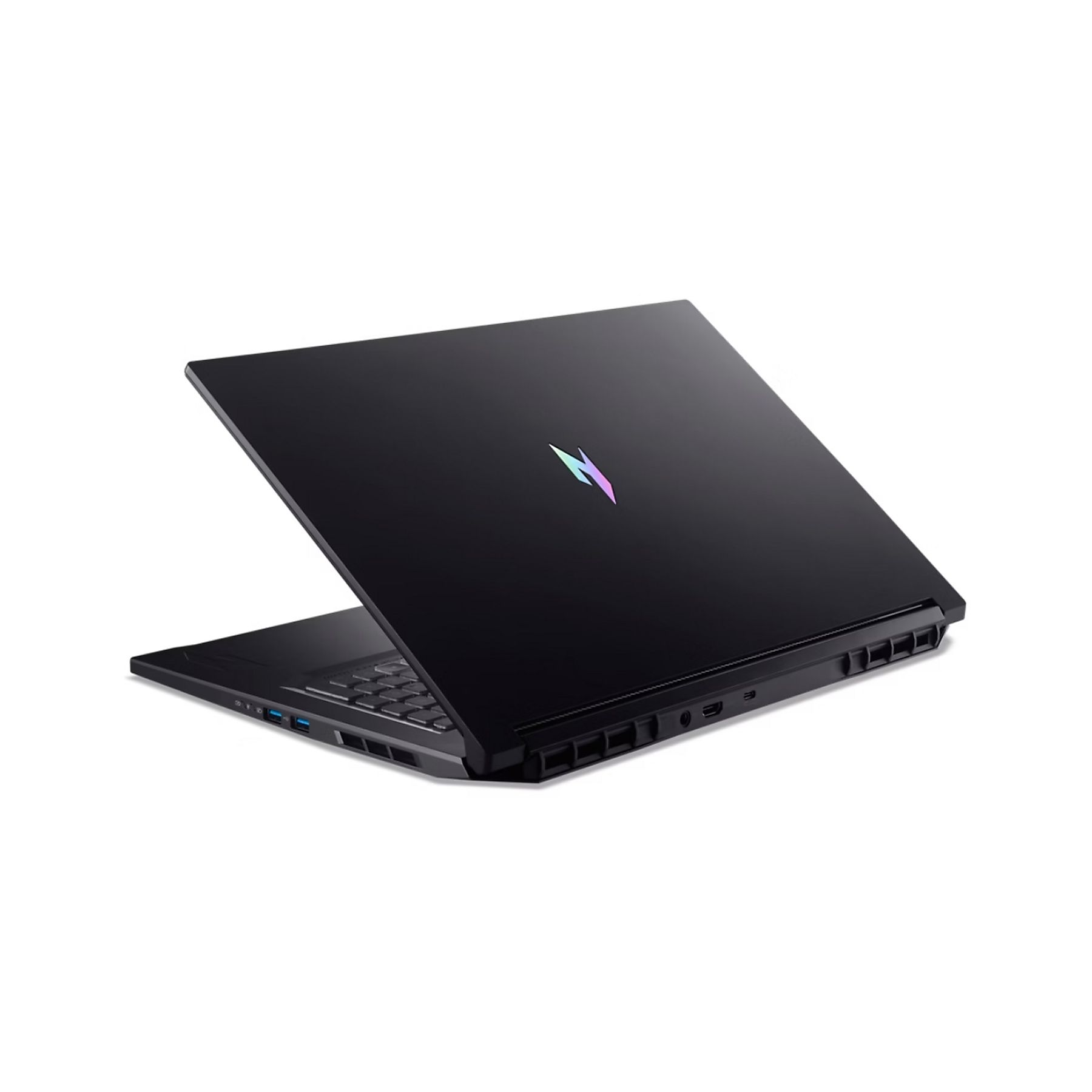 Laptop nero su sfondo bianco. Il coperchio è aperto, mostrando la tastiera. Un logo è visibile sul coperchio.