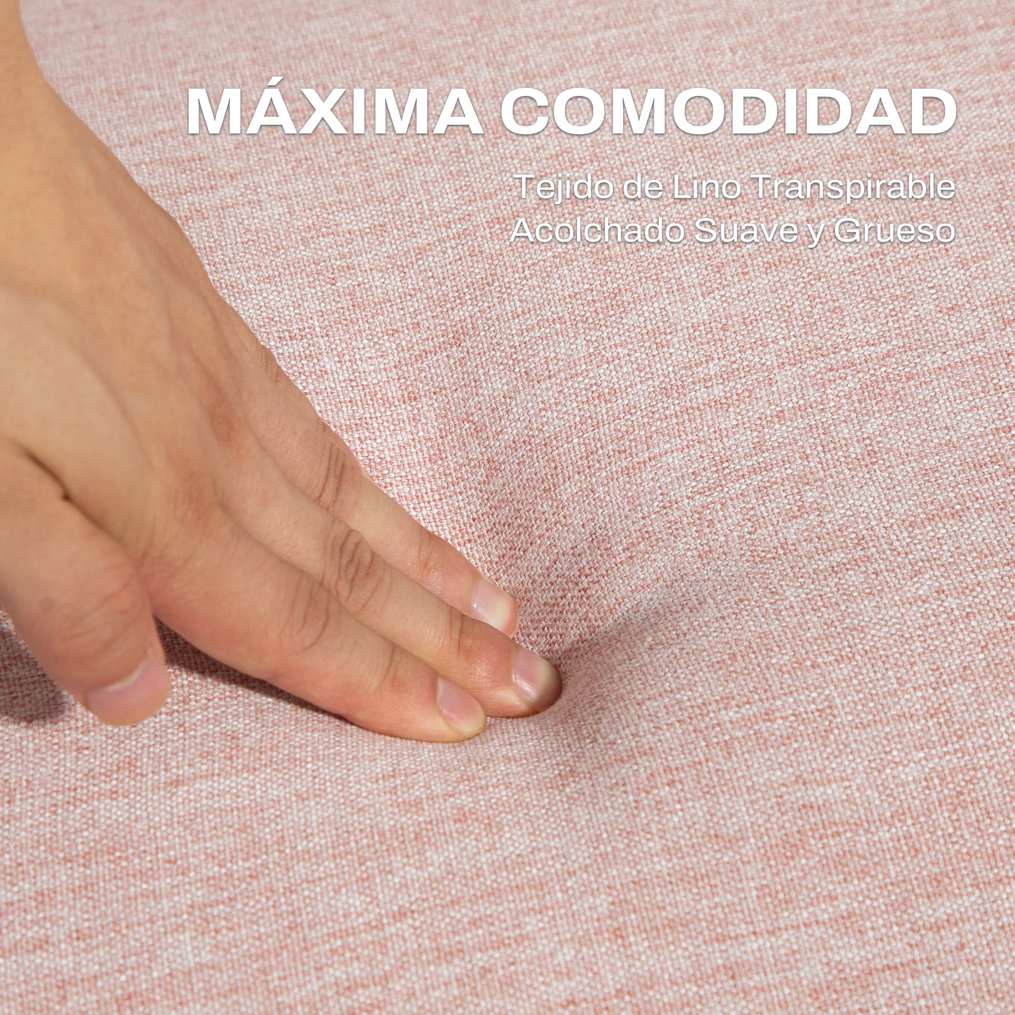Una mano presiona sobre una tela rosa y texturizada. El texto dice 'Máxima Comodidad' y describe el material.