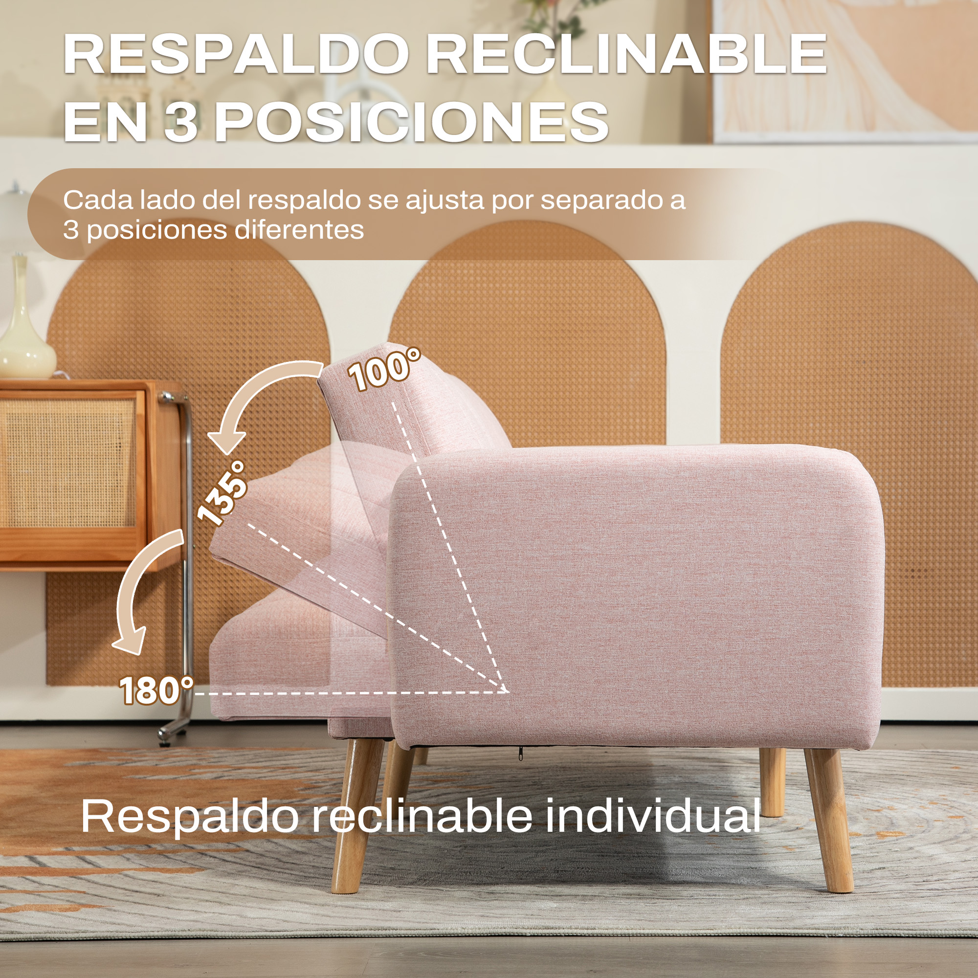 Se muestra un sillón rosa con posiciones de respaldo ajustables. El respaldo se ajusta a 100°, 135° y 180°.