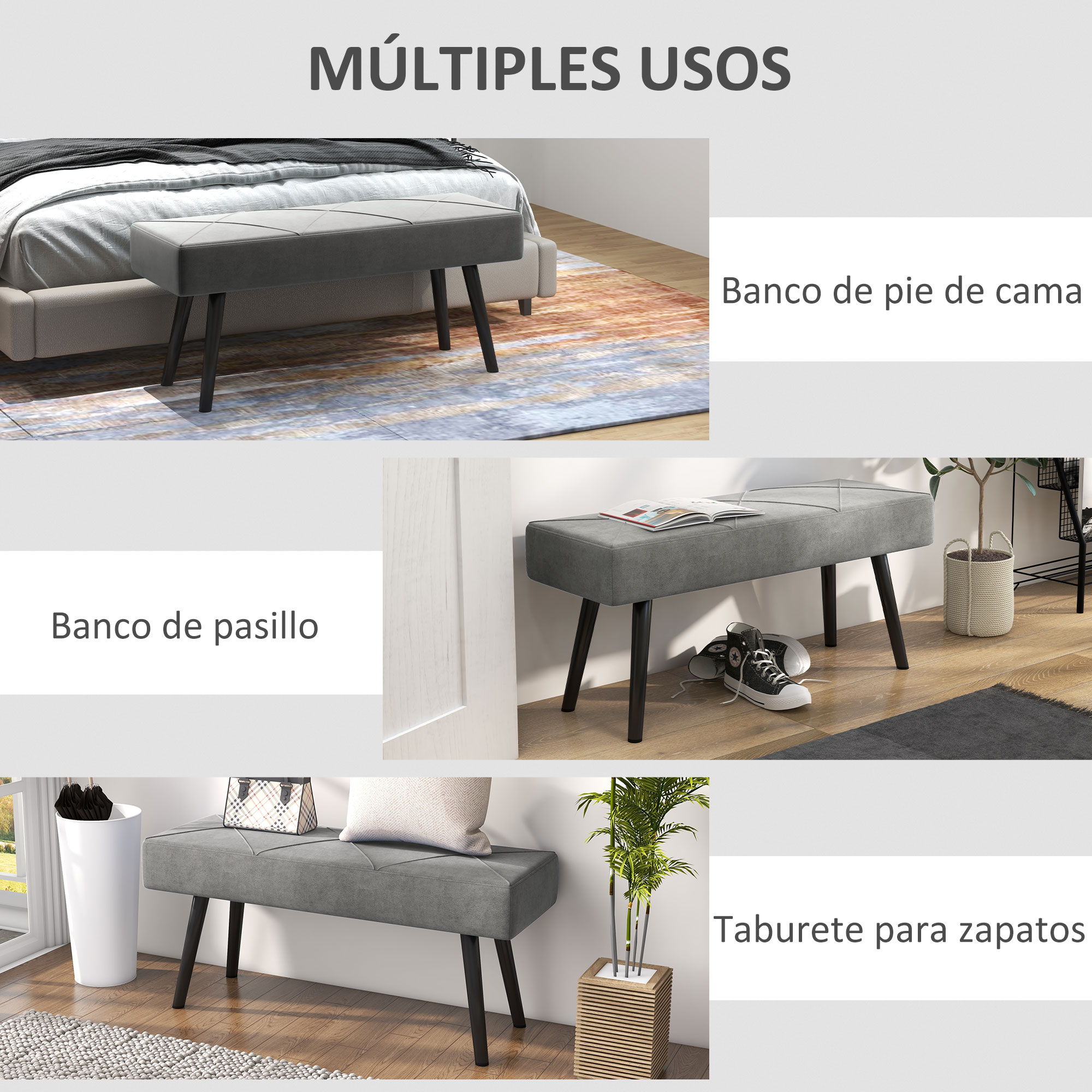 La imagen muestra un banco gris en tres entornos diferentes. Está etiquetado para múltiples usos.