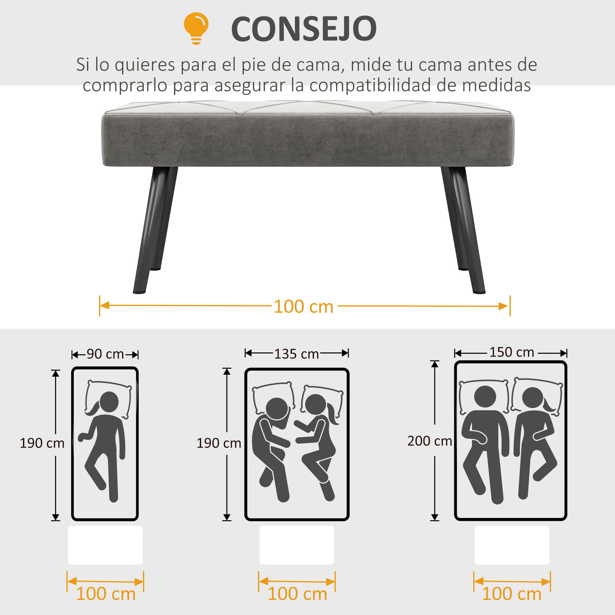 Un banco gris con patas negras. Diagramas muestran comparaciones de tamaño de cama y consejos sobre medidas.