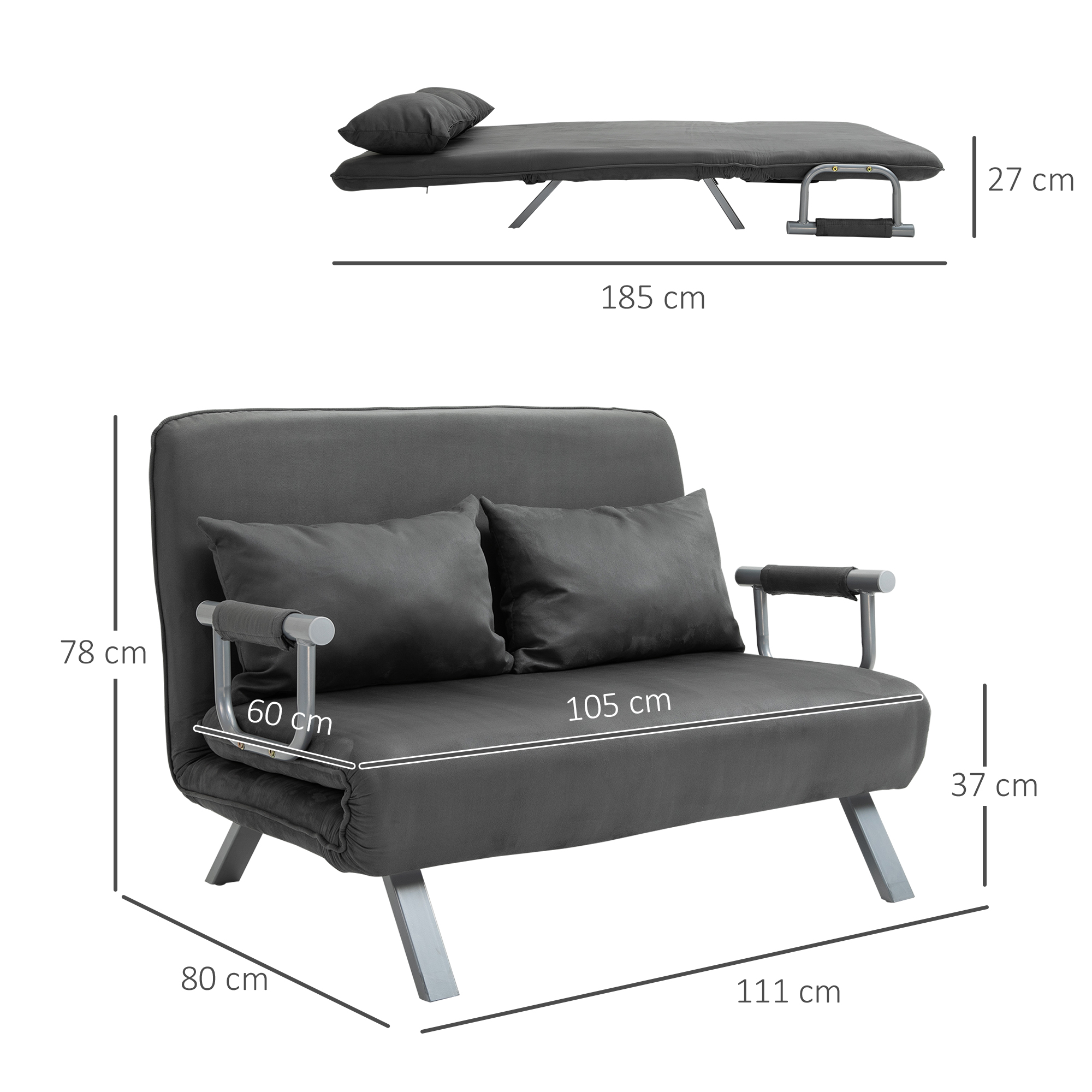 Sofá cama gris con dos almohadas, dimensiones etiquetadas. También vista superior del sofá en modo cama.
