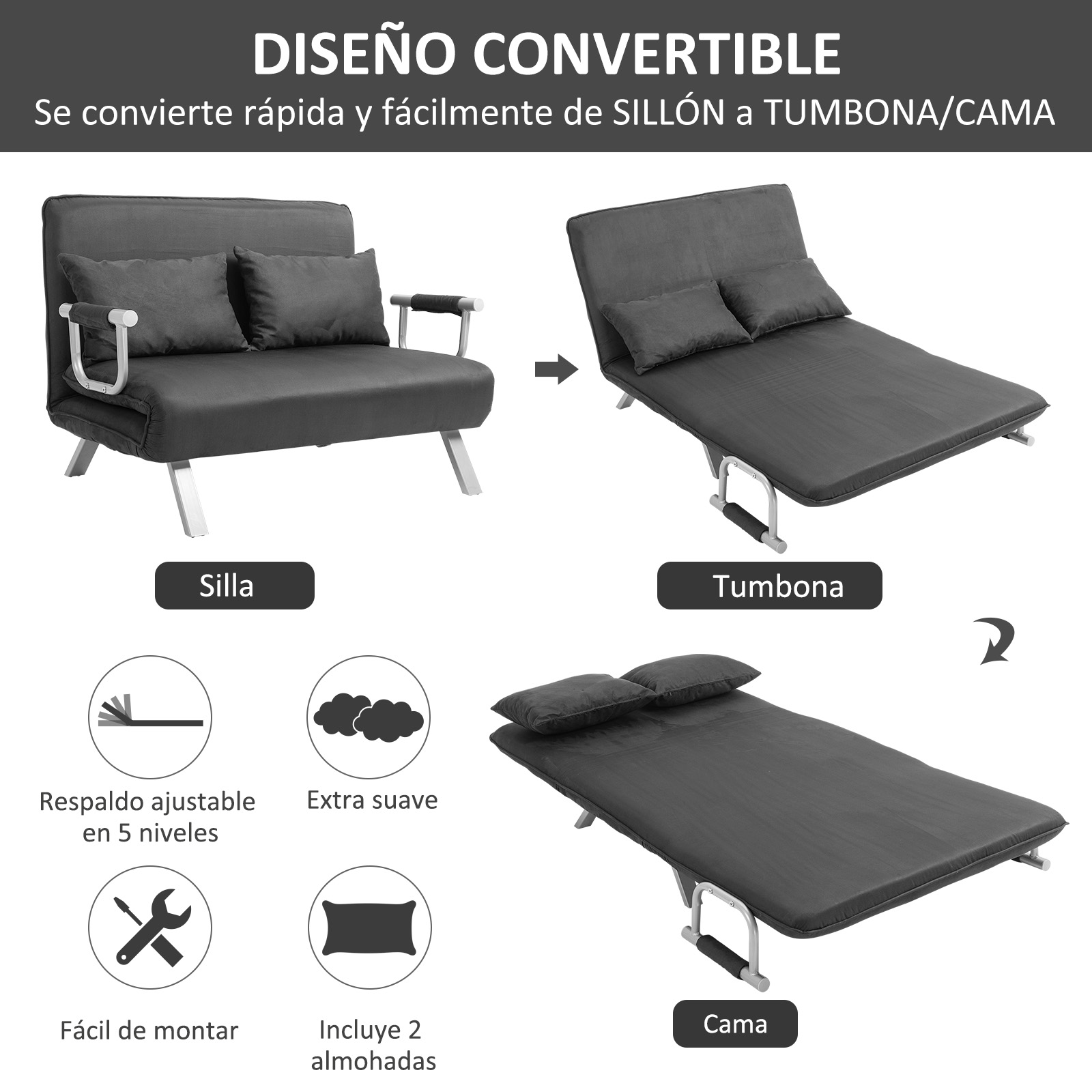 Un sofá convertible que se transforma en tumbona y cama. Tiene dos almohadas y patas metálicas.
