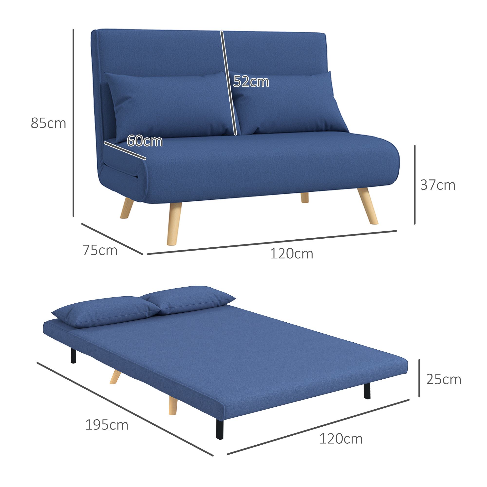 Sofá cama azul con dos cojines, se muestran las dimensiones. Muestra el sofá plegado y desplegado.