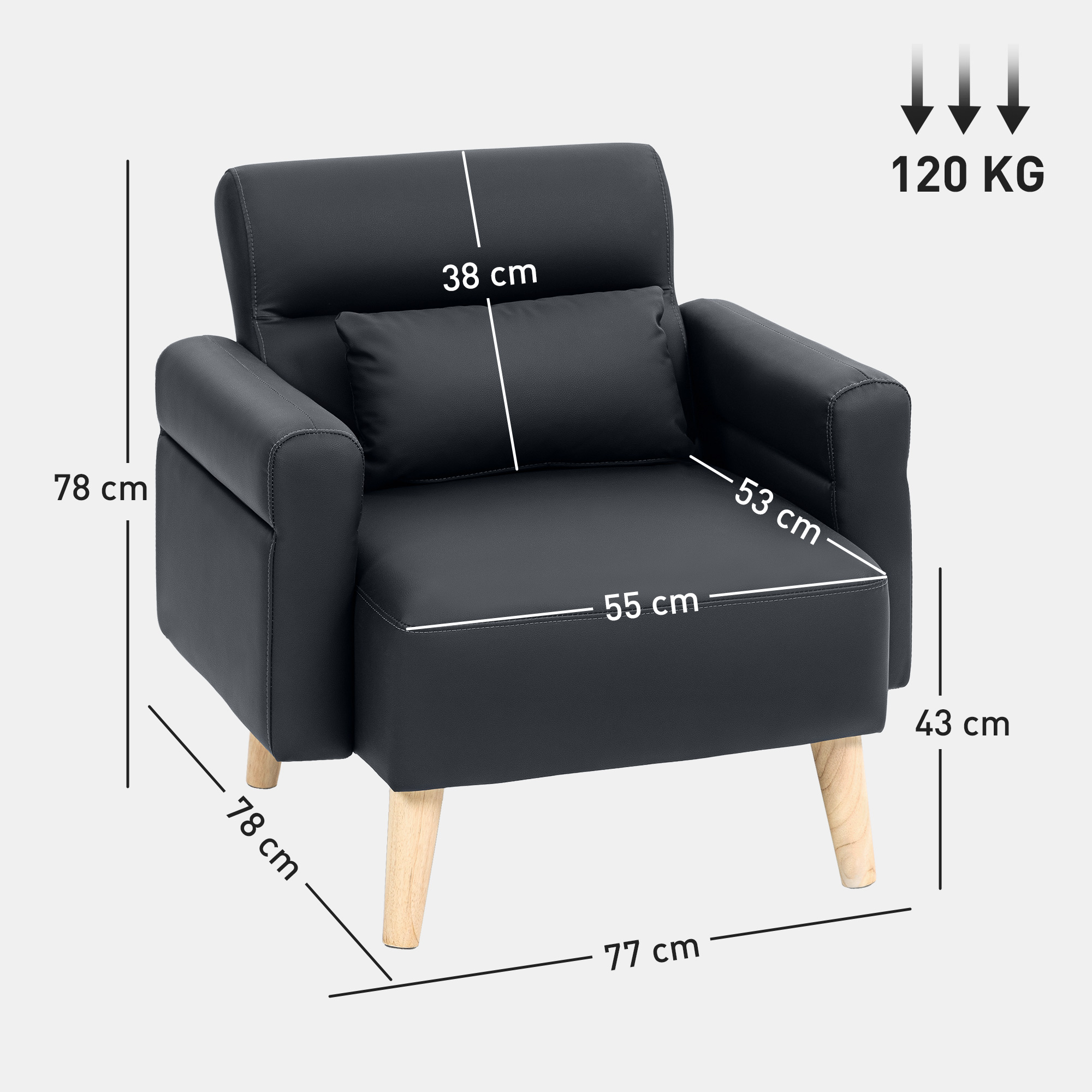 Un sillón negro con una almohada, dimensiones mostradas. Se apoya en patas de madera. El peso máximo es de 120 KG.