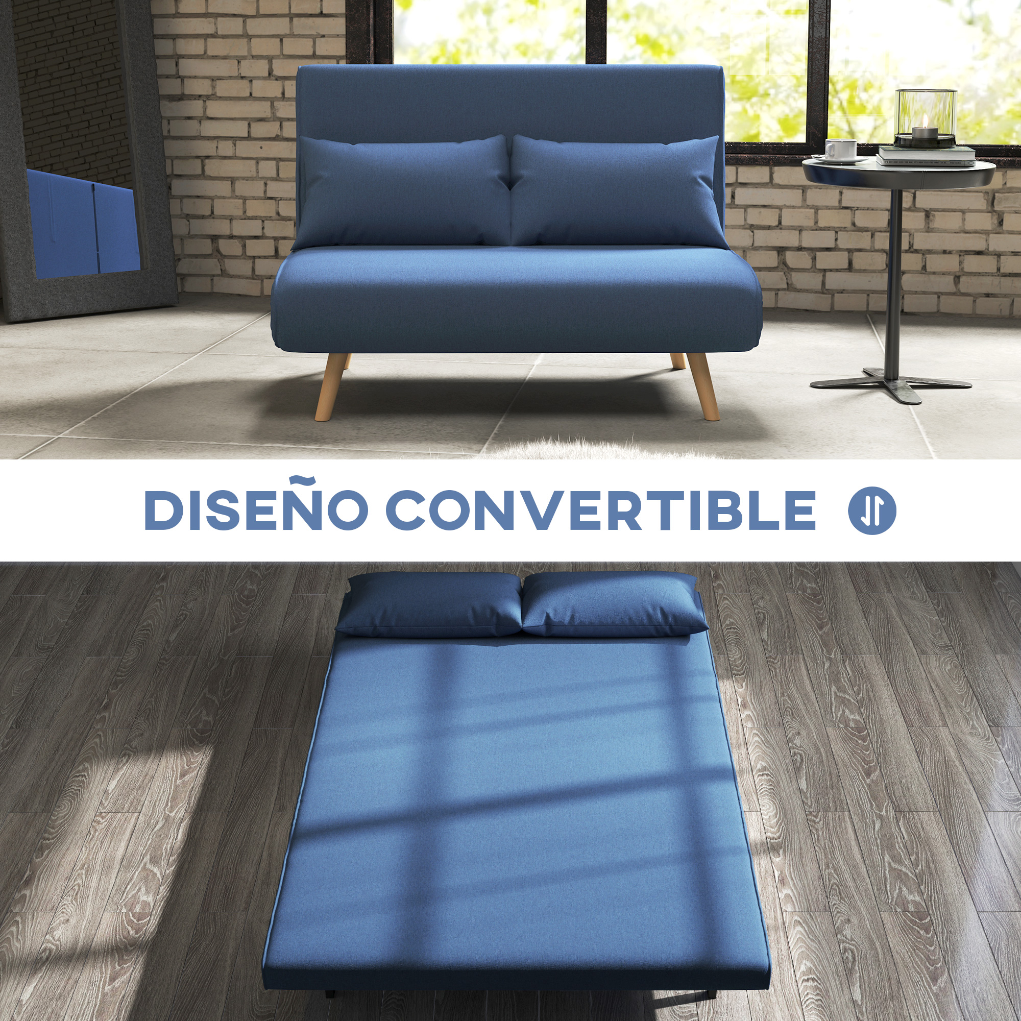 Sofá cama azul en una habitación con pared de ladrillo y ventana. El sofá está plegado y desplegado.