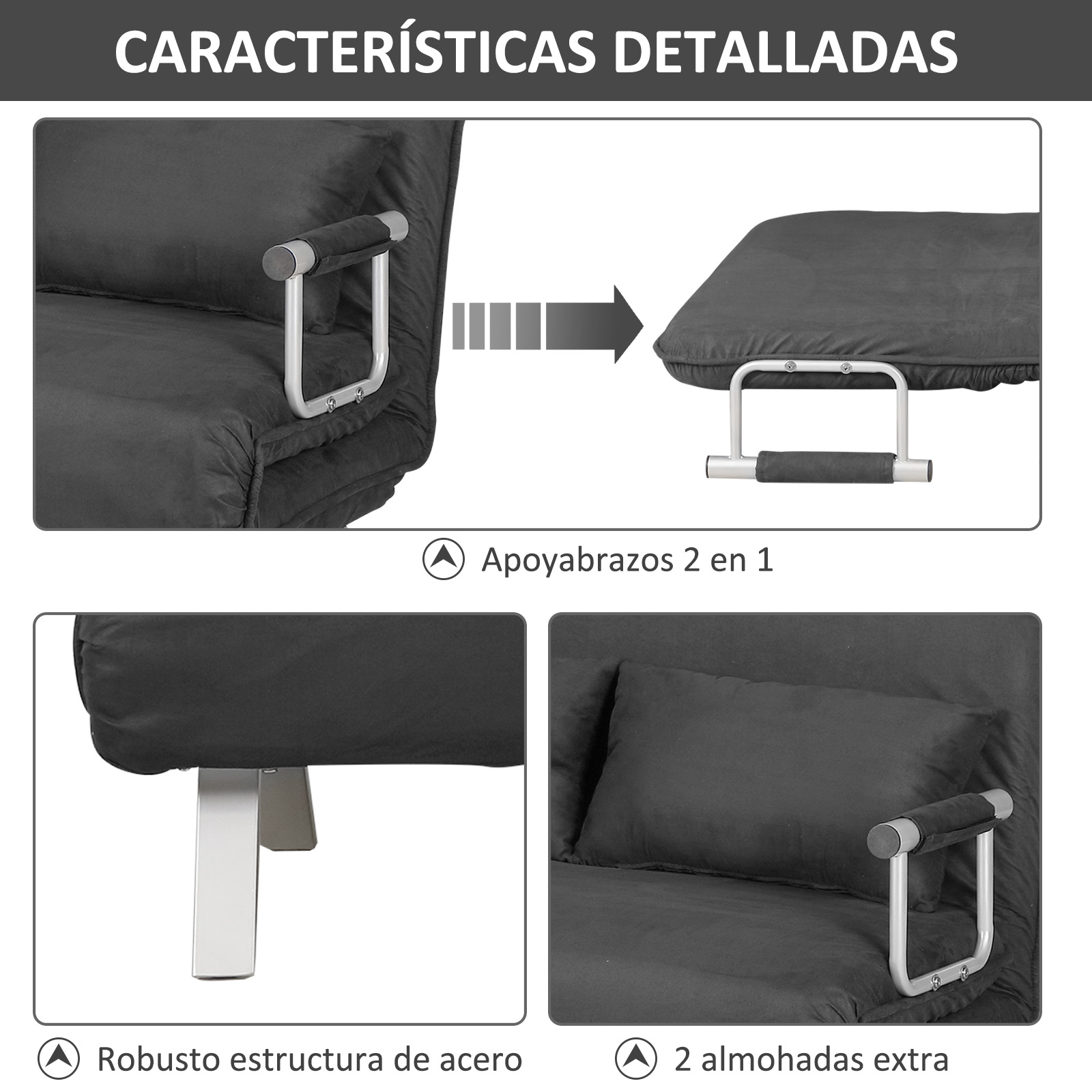 Características detalladas de un futón negro con estructura metálica, incluyendo reposabrazos y dos almohadas extra. El texto también incluye la estructura de acero.