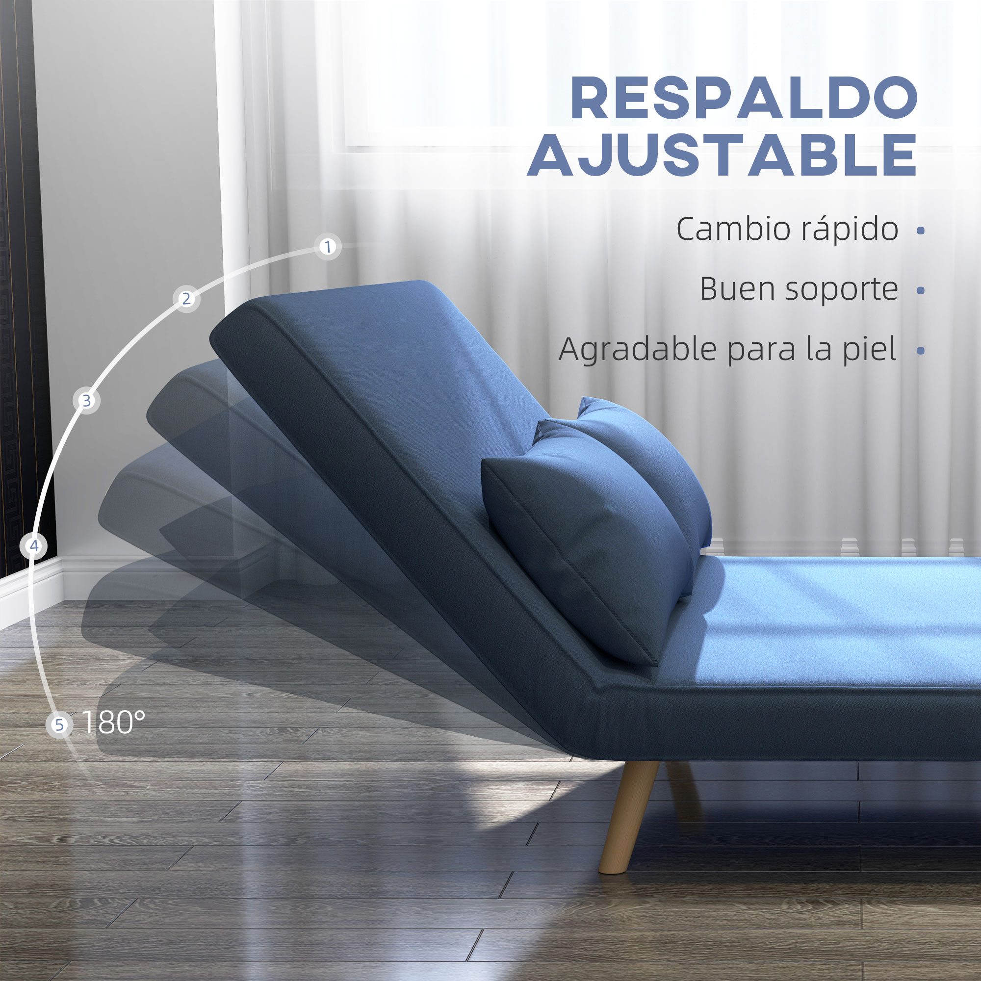 Un sofá azul ajustable con cojines, patas de madera y ajuste de 180 grados se muestra en una habitación con piso de madera.