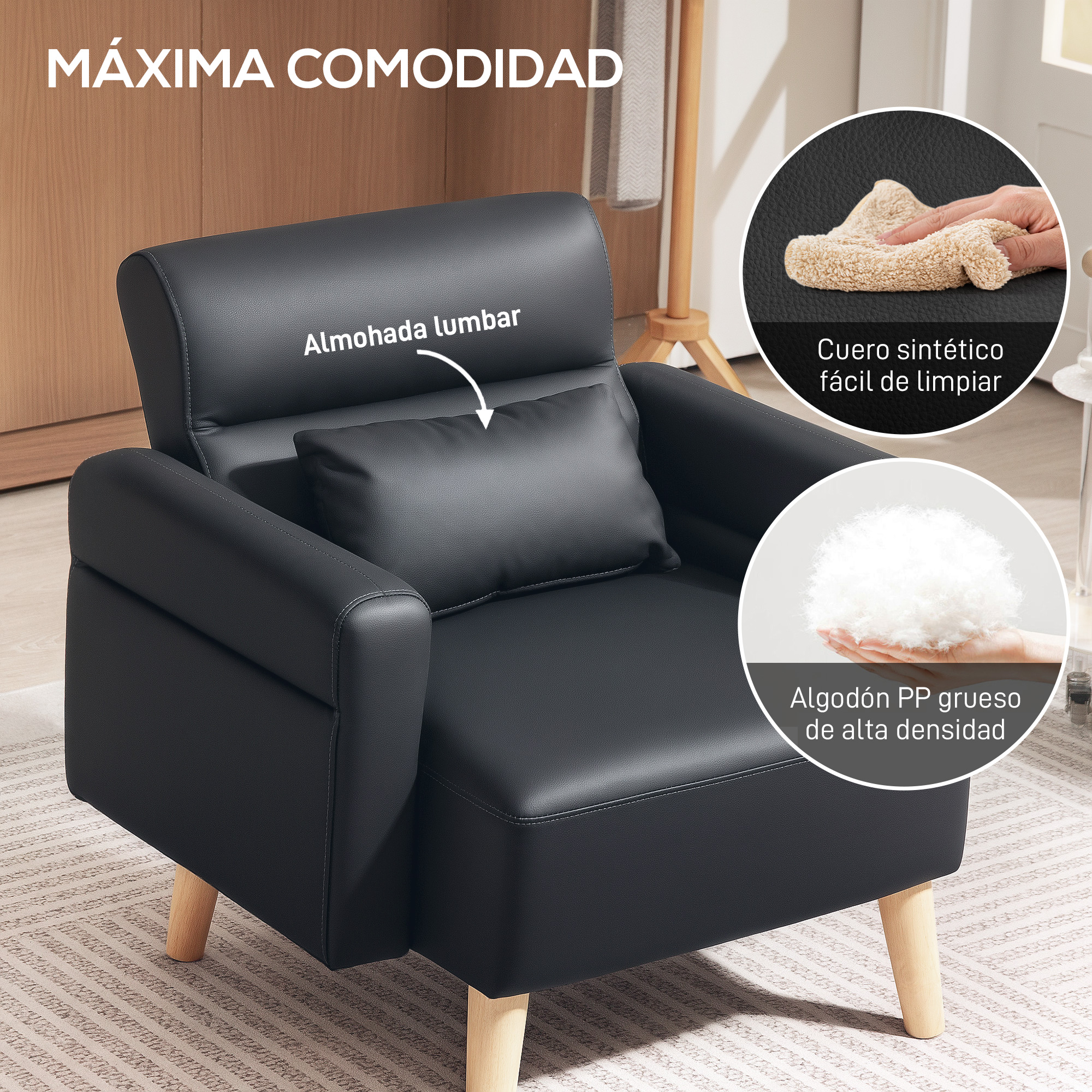 Sillón negro con almohada lumbar, patas de madera y detalles como cuero sintético y algodón PP de alta densidad.