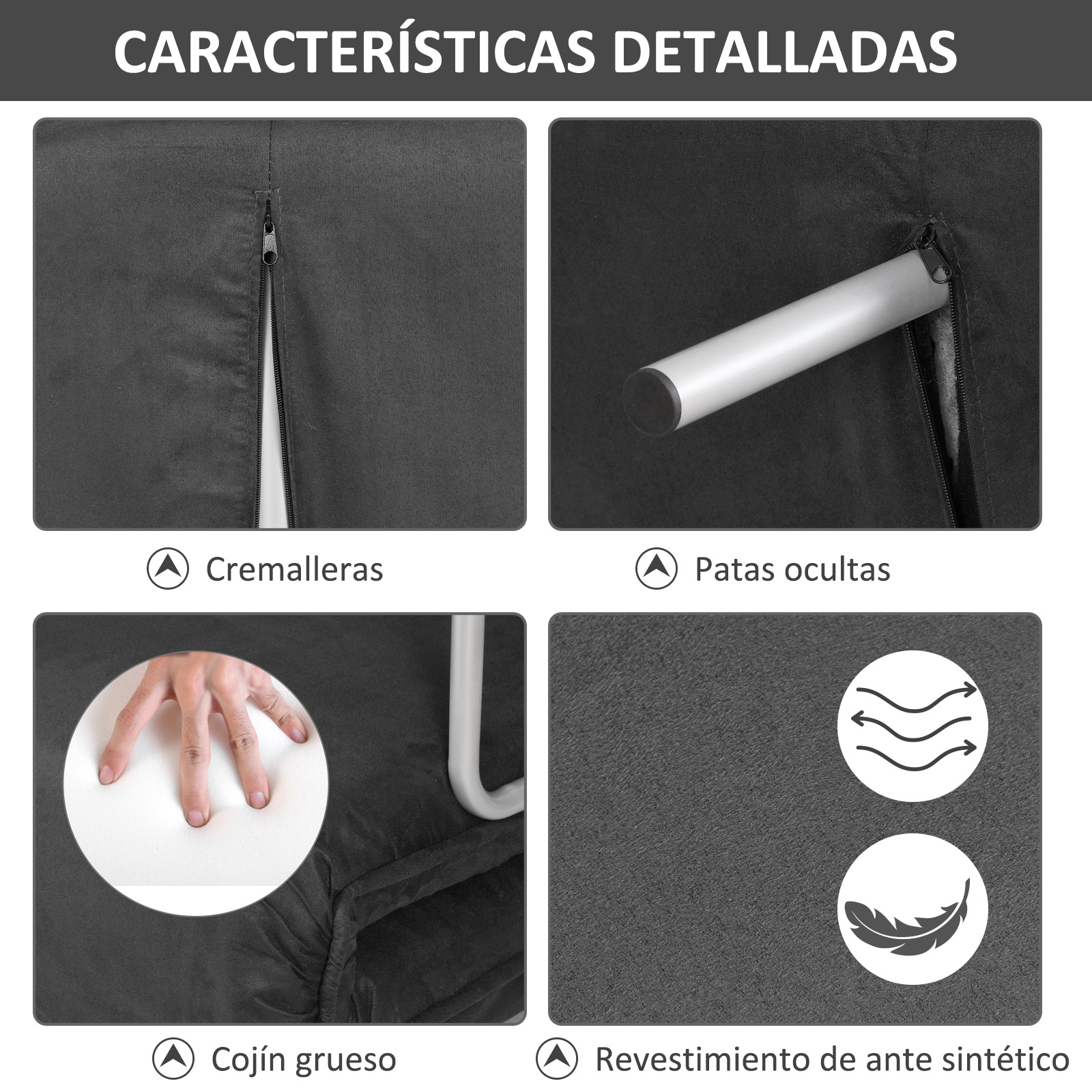 Imagen muestra cremalleras, patas ocultas, cojín grueso y ante sintético. Cada detalle está resaltado.
