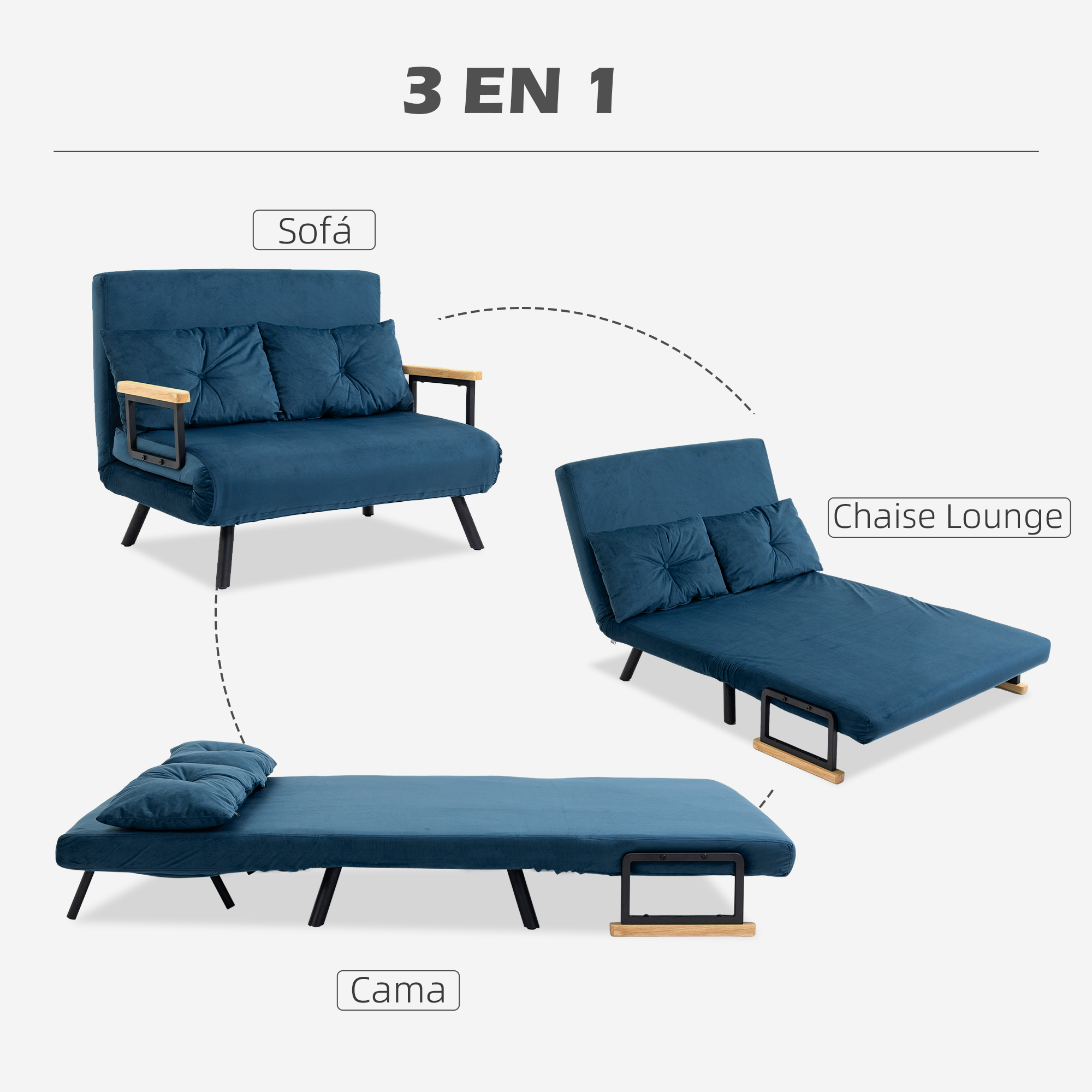 Un sofá azul convertible en tres modos: sofá, chaise longue y cama. Tiene reposabrazos de madera y patas negras.