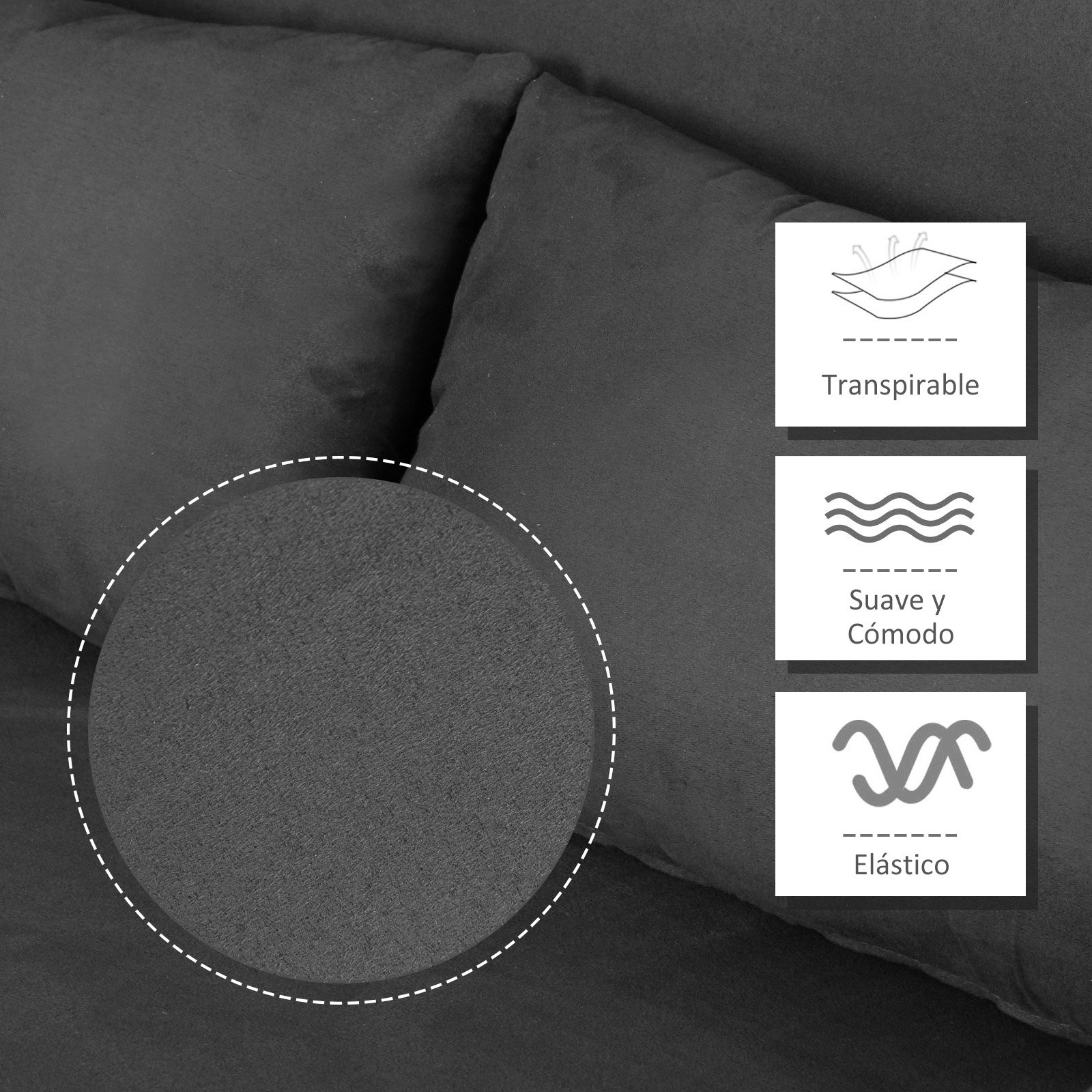Primer plano de una tela gris oscuro, probablemente una almohada, con un detalle circular de la textura e iconos de características.