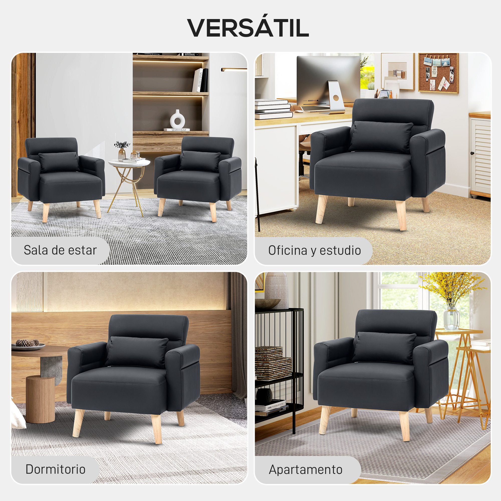 Un versátil sillón gris oscuro con patas de madera, mostrado en diferentes ambientes: sala de estar, oficina, dormitorio y apartamento.