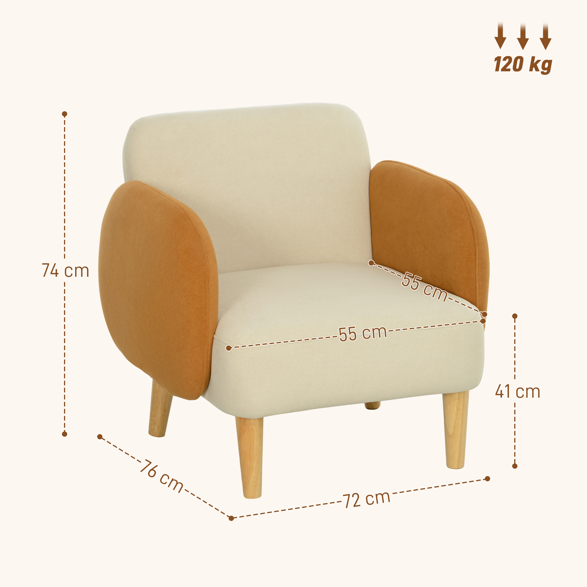 Un sillón beige y naranja con patas de madera. Dimensiones: 74 cm de alto, 76 cm de ancho, 72 cm de profundidad y 41 cm de alto.