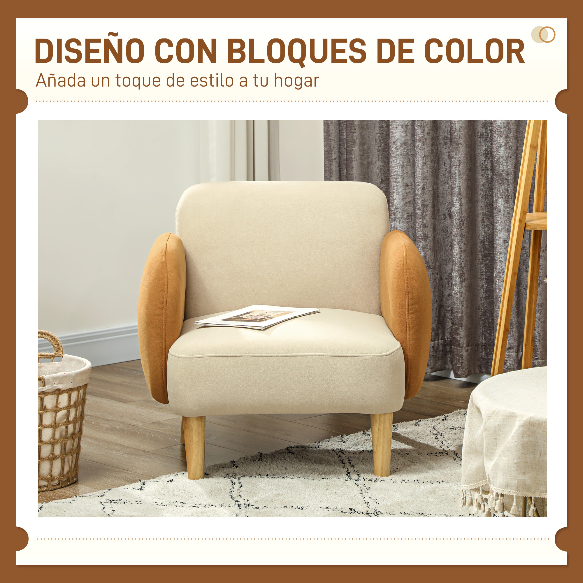 Sillón crema con reposabrazos naranjas, una revista encima. Una cesta a la izquierda, una mesa a la derecha con tela blanca.
