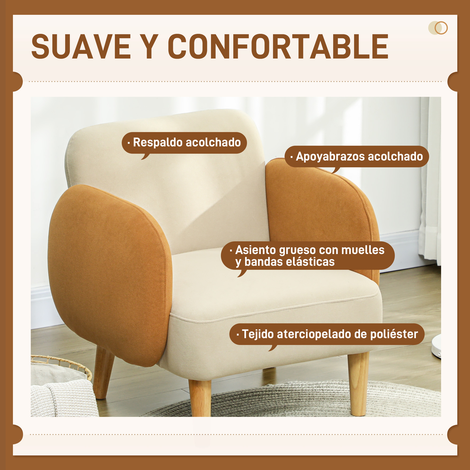 Un sillón beige y naranja. Tiene respaldo y reposabrazos acolchados. El asiento tiene muelles y bandas elásticas.