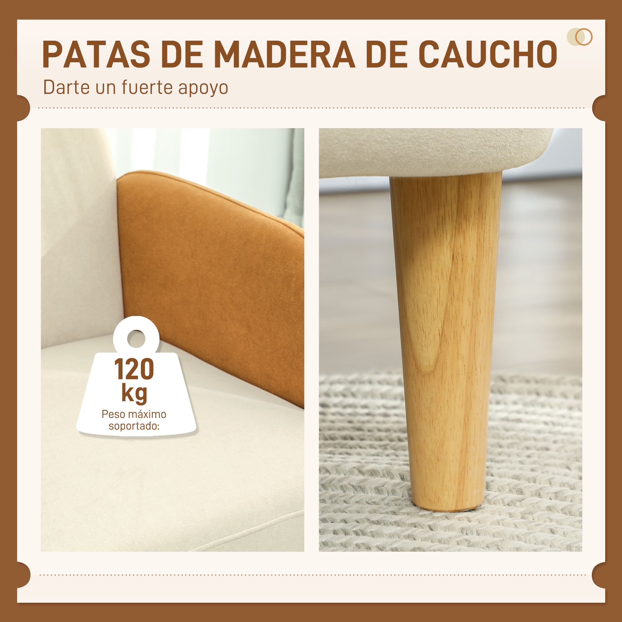 La imagen muestra una pata de silla de madera, una esquina de la silla y una etiqueta de límite de peso.