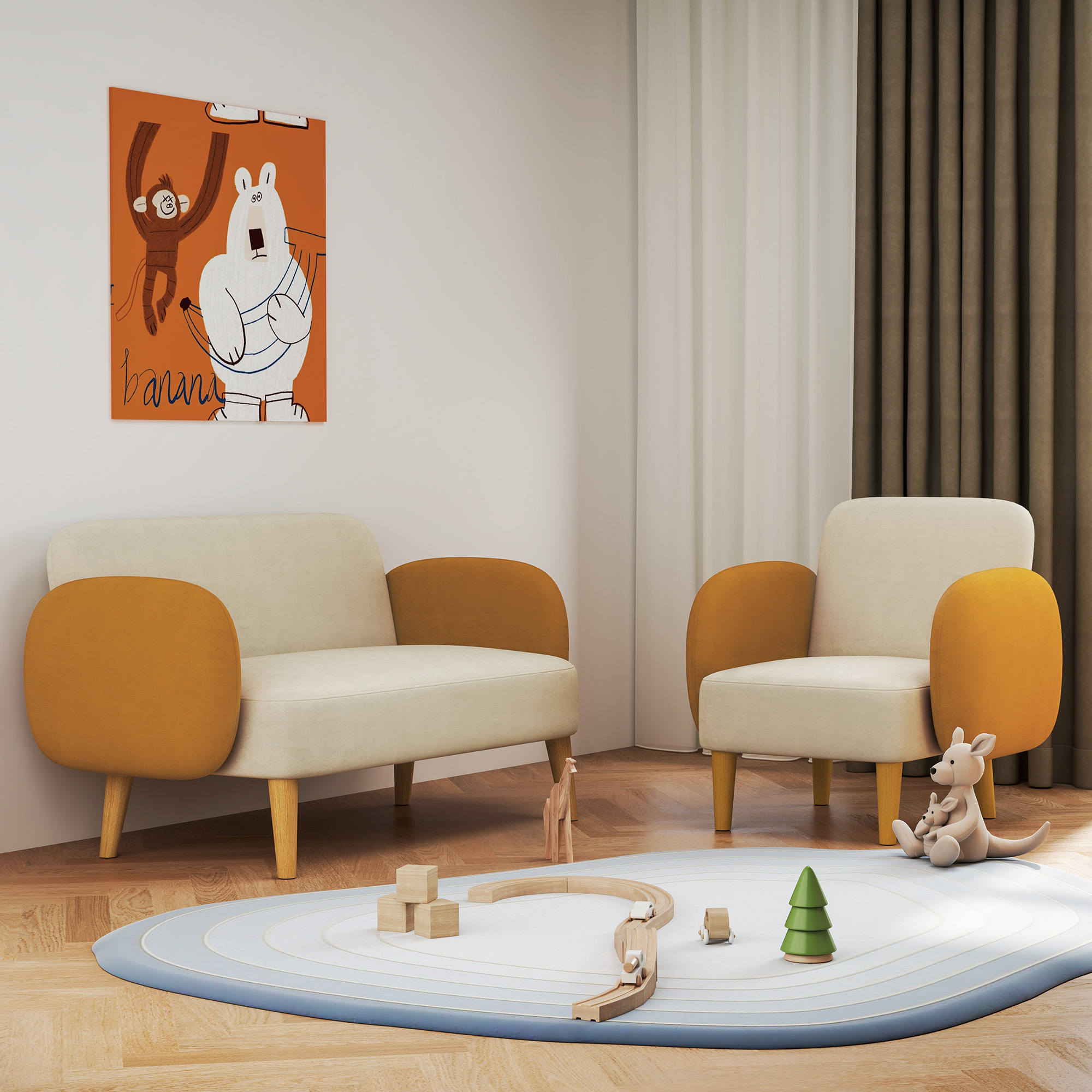 Habitación infantil con sillones, alfombra, juguetes y póster de animales de dibujos animados.