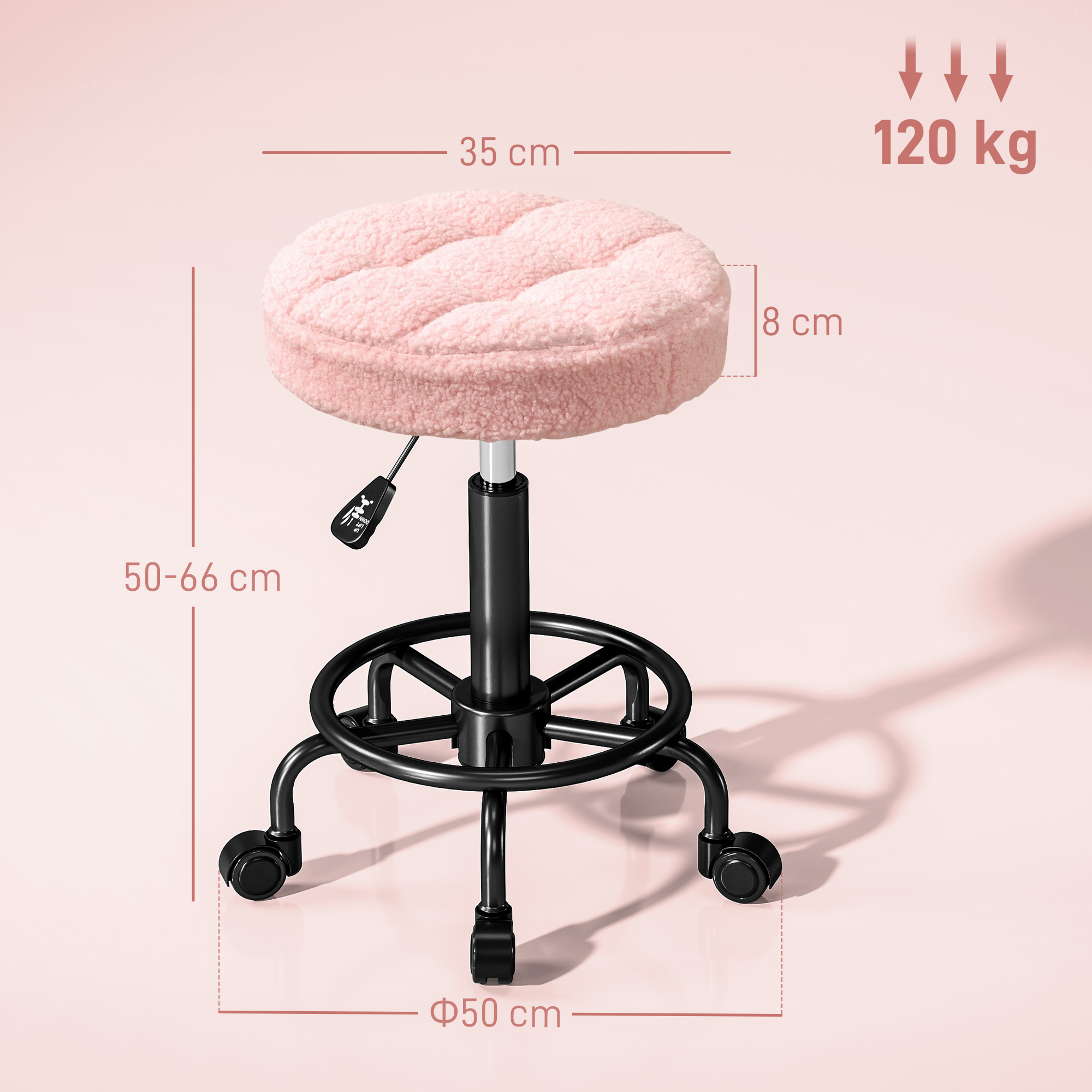 Un taburete rosa, redondo y esponjoso con patas y ruedas negras. Se muestran las medidas y la capacidad de peso.