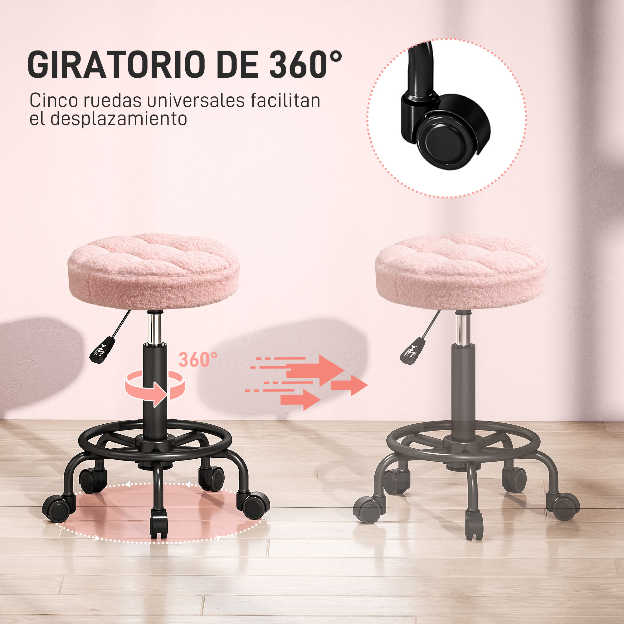Se muestran dos taburetes rosas acolchados con bases y ruedas negras. El texto indica rotación de 360 grados y fácil movimiento.