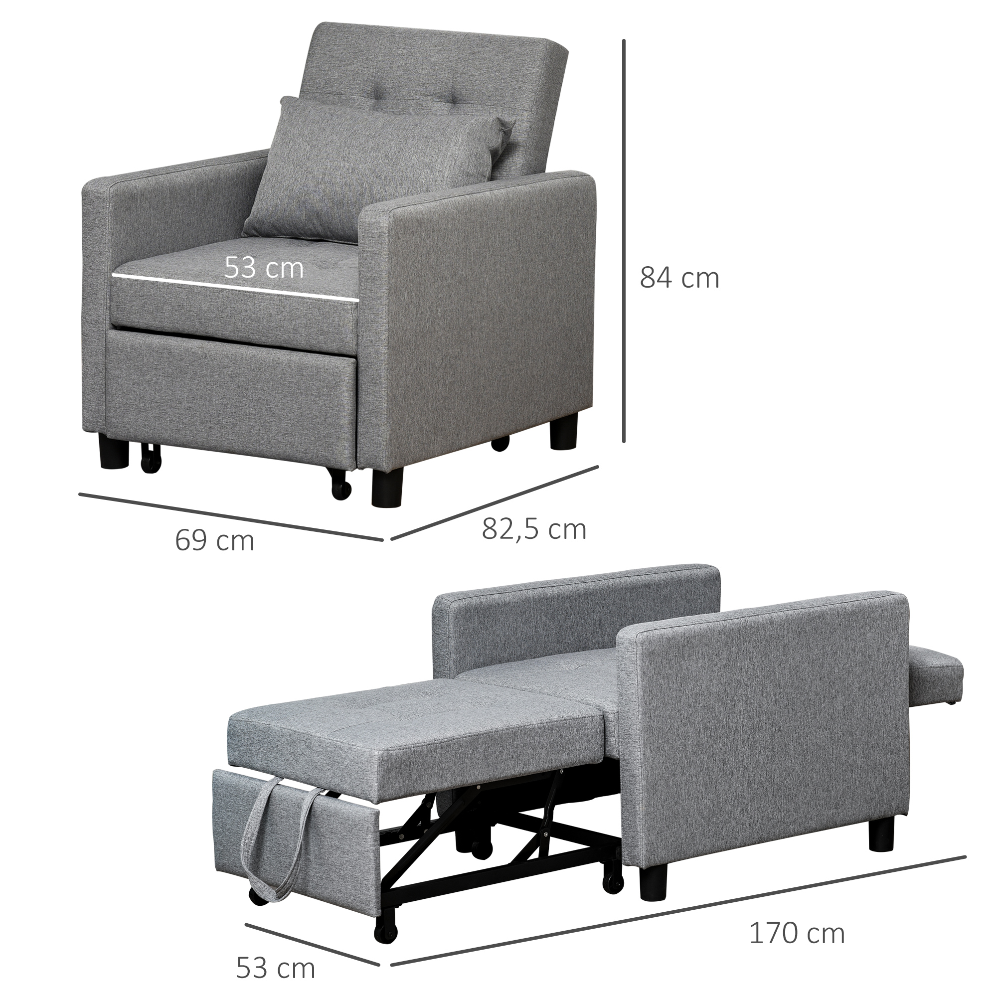 Un sillón gris convertible, se muestran las dimensiones. Está plegado y desplegado, con medidas.