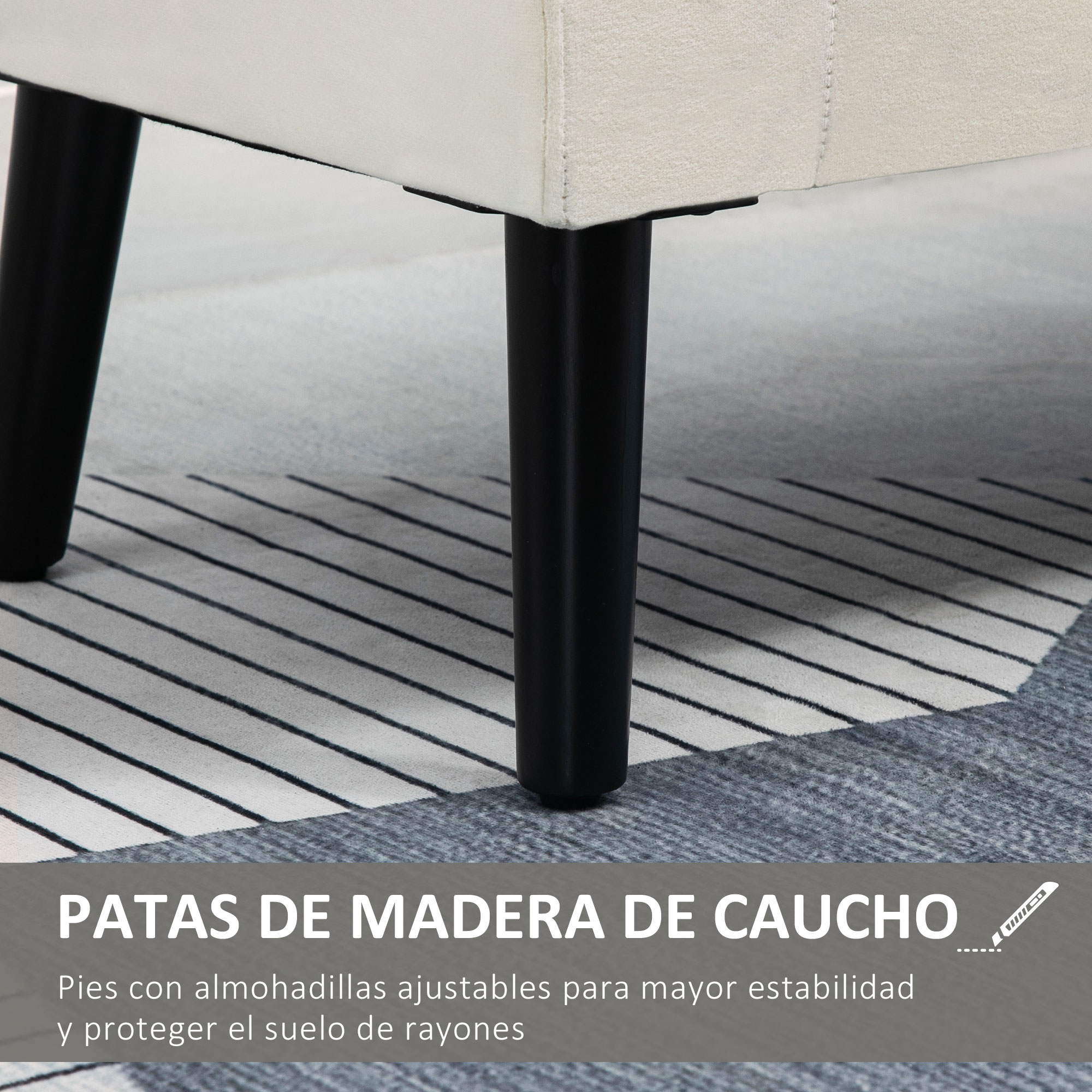 Primer plano de una pata de silla color crema. Patas negras sobre una alfombra estampada. El texto inferior describe las patas.