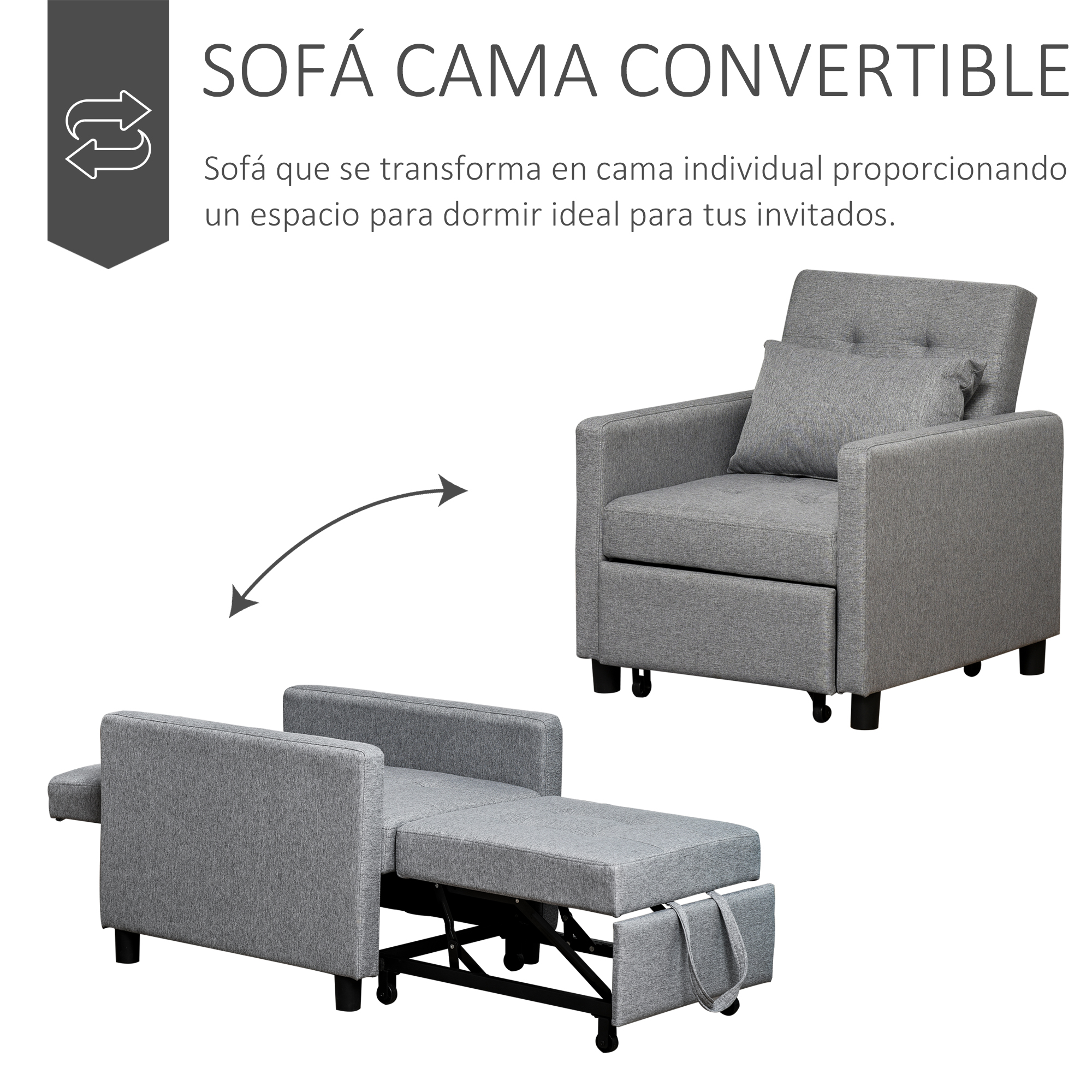 Un sofá cama gris. Uno muestra el sofá, el otro extendido como cama. Incluye una almohada.