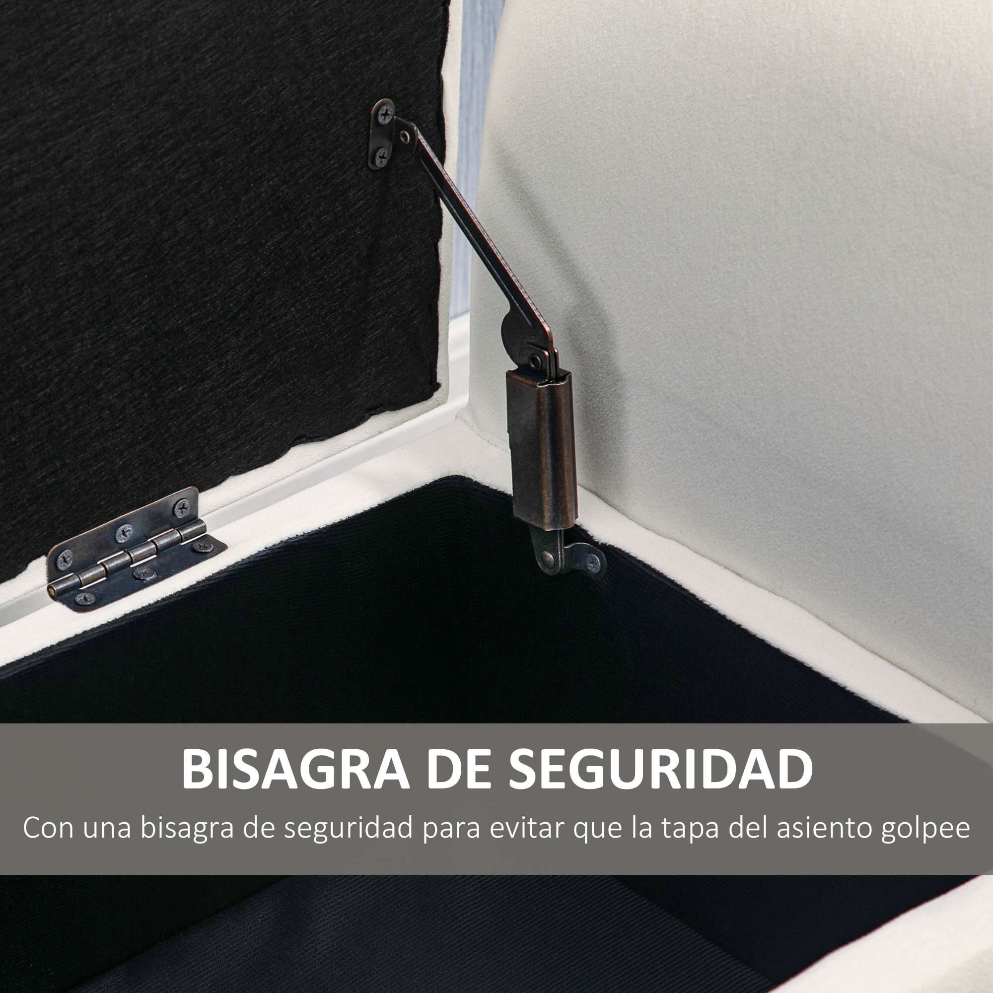Caja de almacenamiento blanca abierta con bisagra de seguridad. Interior negro, exterior blanco, y bisagra metálica.