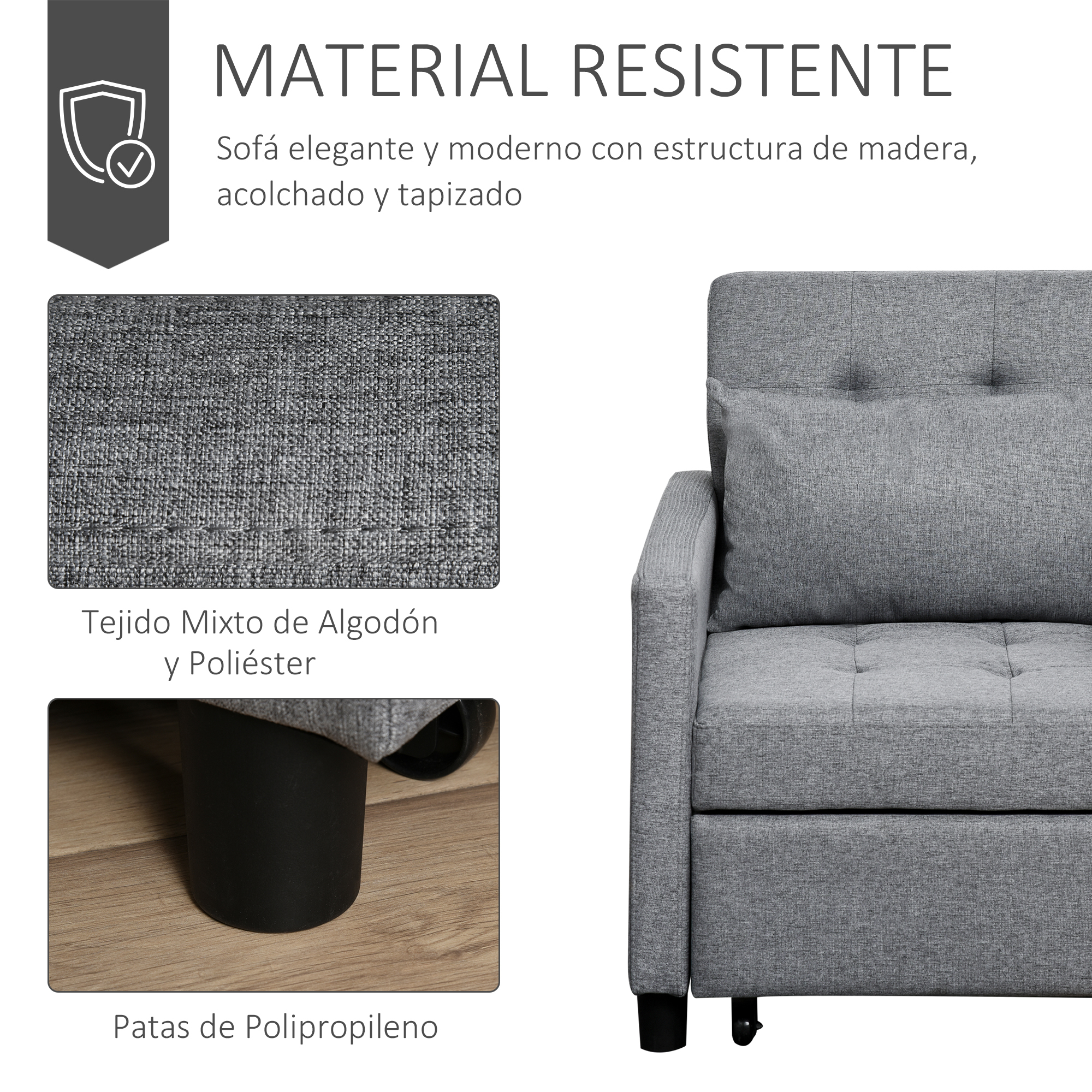Un sofá gris con un cojín a juego. Tiene estructura de madera, acolchado y tapizado. Los detalles muestran la tela y las patas negras.