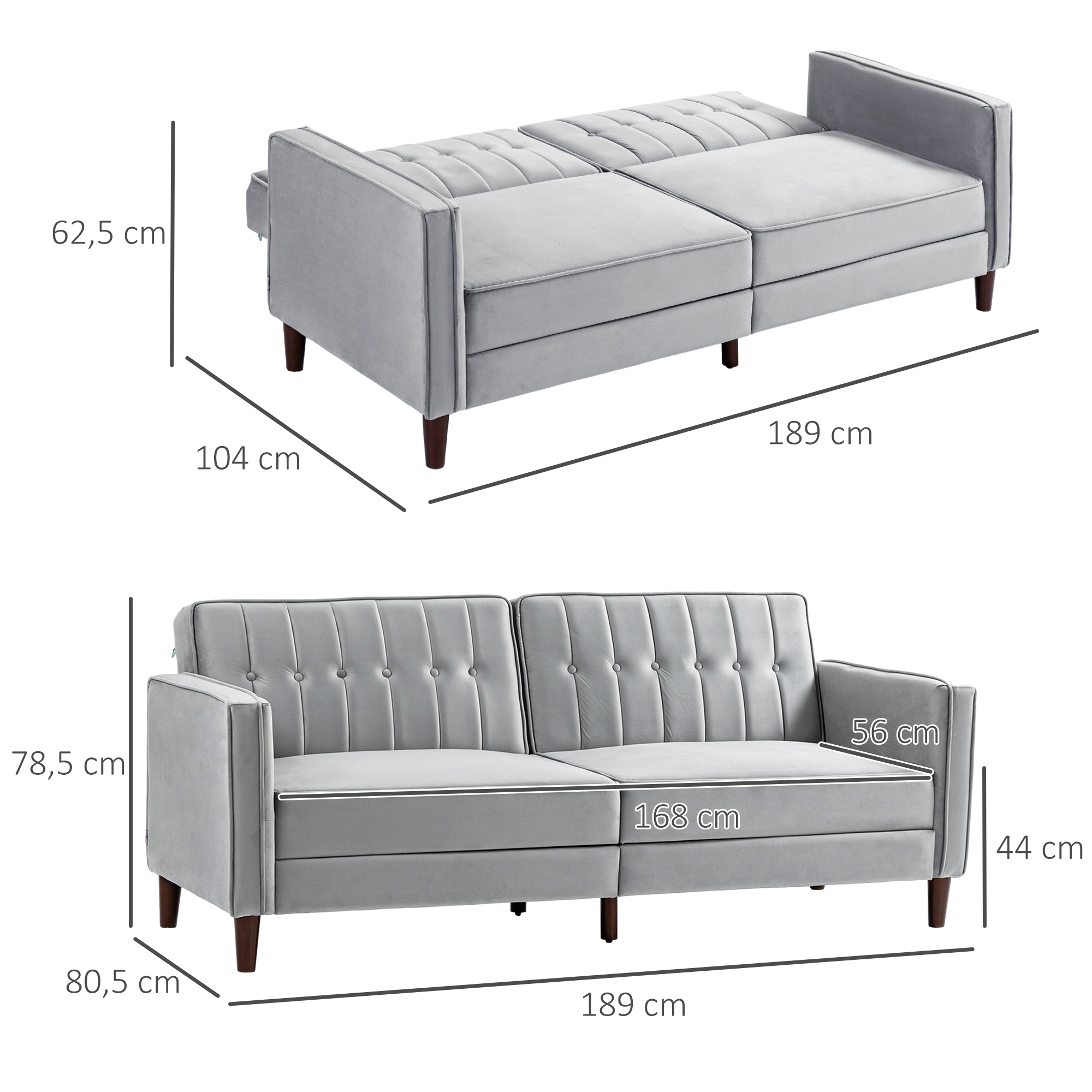 Un sofá gris, mostrado en dos vistas con medidas. El sofá tiene respaldos abotonados y patas de madera. Puede ser una cama.