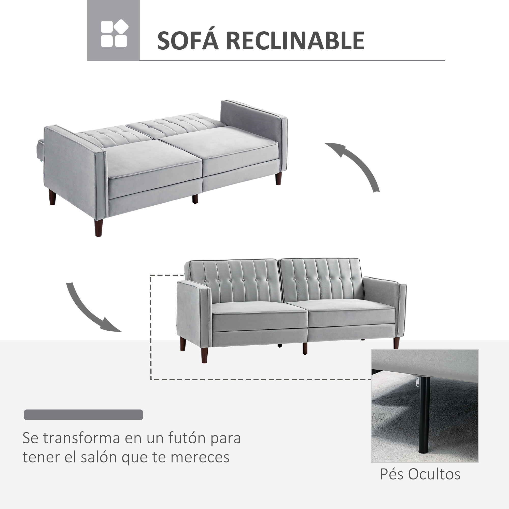 Un sofá reclinable gris se transforma en futón. Tiene patas de madera y respaldo con botones.