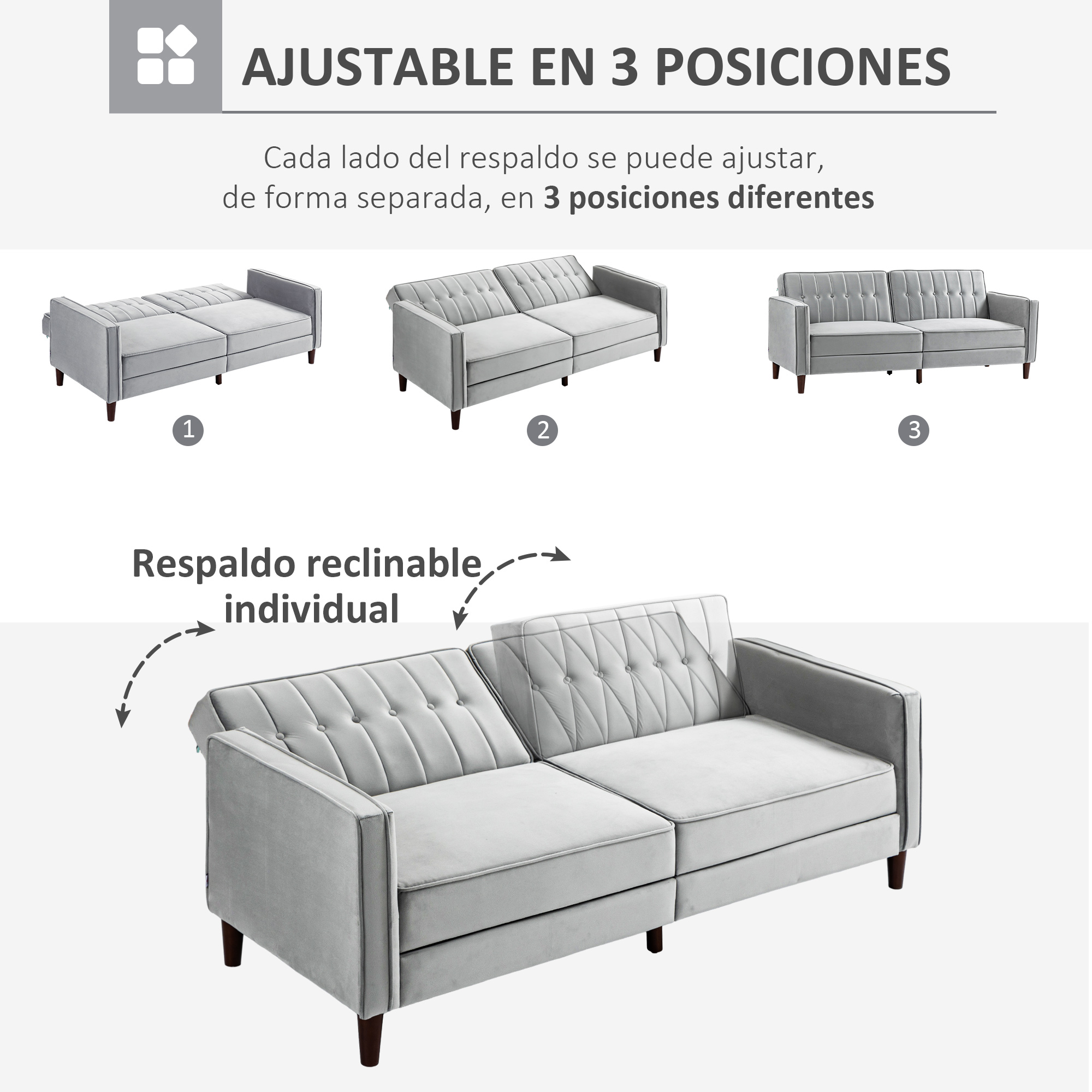 Sofá gris con respaldos ajustables en tres posiciones. El texto resalta el respaldo individual reclinable.