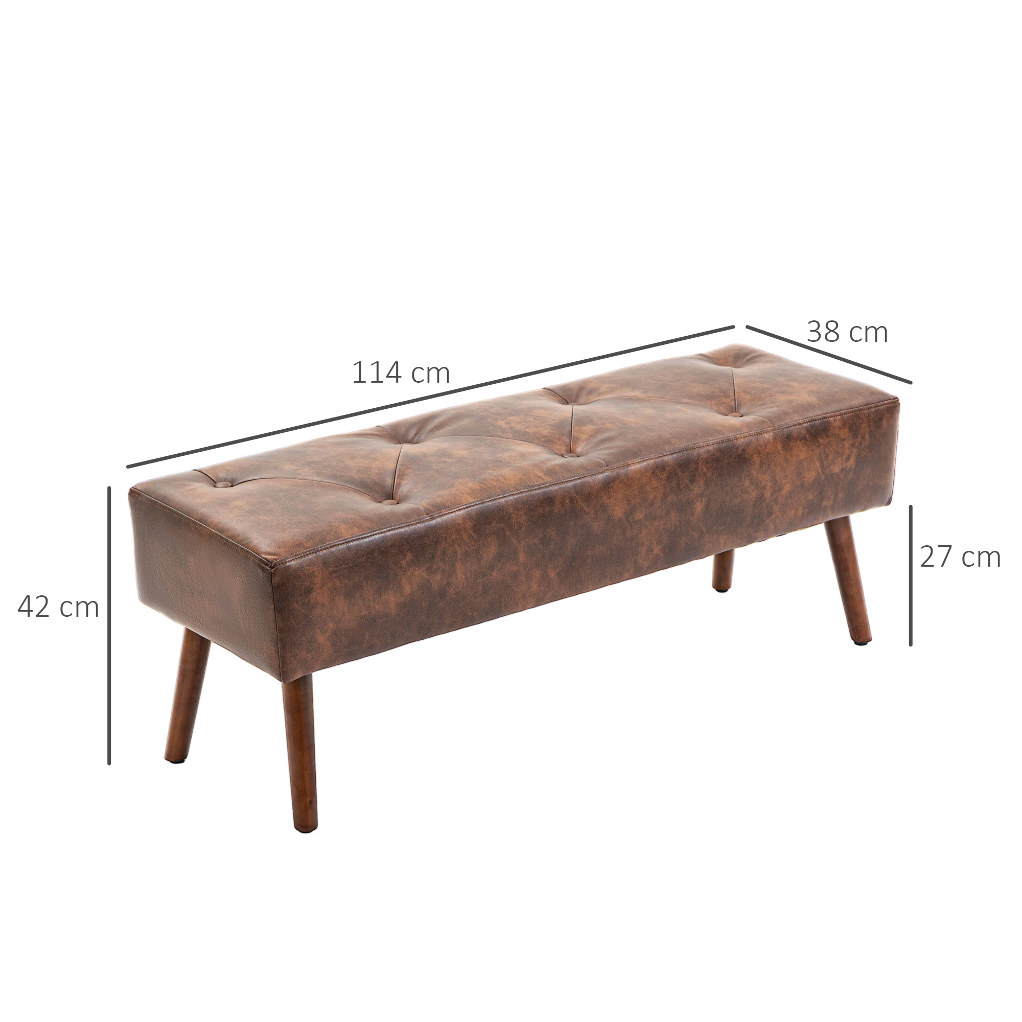 Un banco de cuero marrón con patas de madera. Dimensiones: 114 cm x 38 cm x 42 cm. Botones visibles en el asiento.