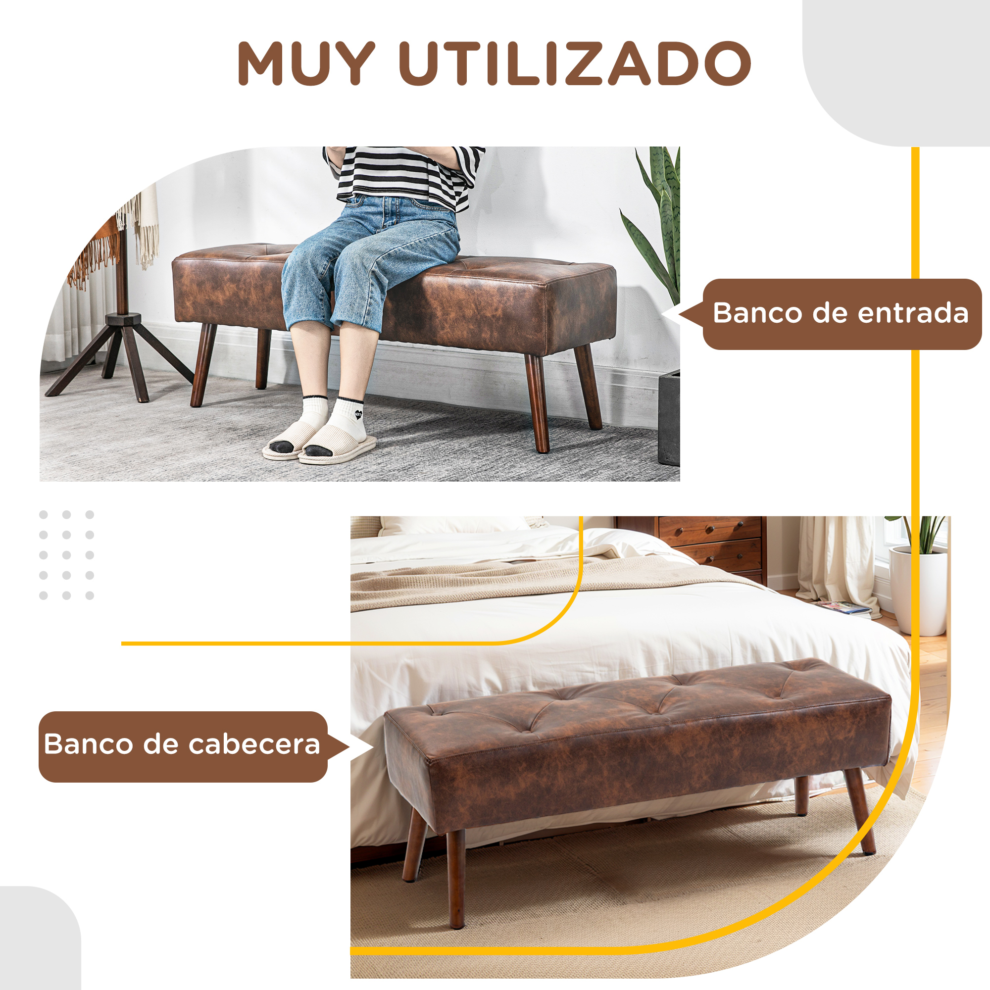 Una persona está sentada en un banco marrón. Otro banco está en un dormitorio. El texto dice 'Muy Utilizado', 'Banco de entrada' y 'Banco de cabecera'.