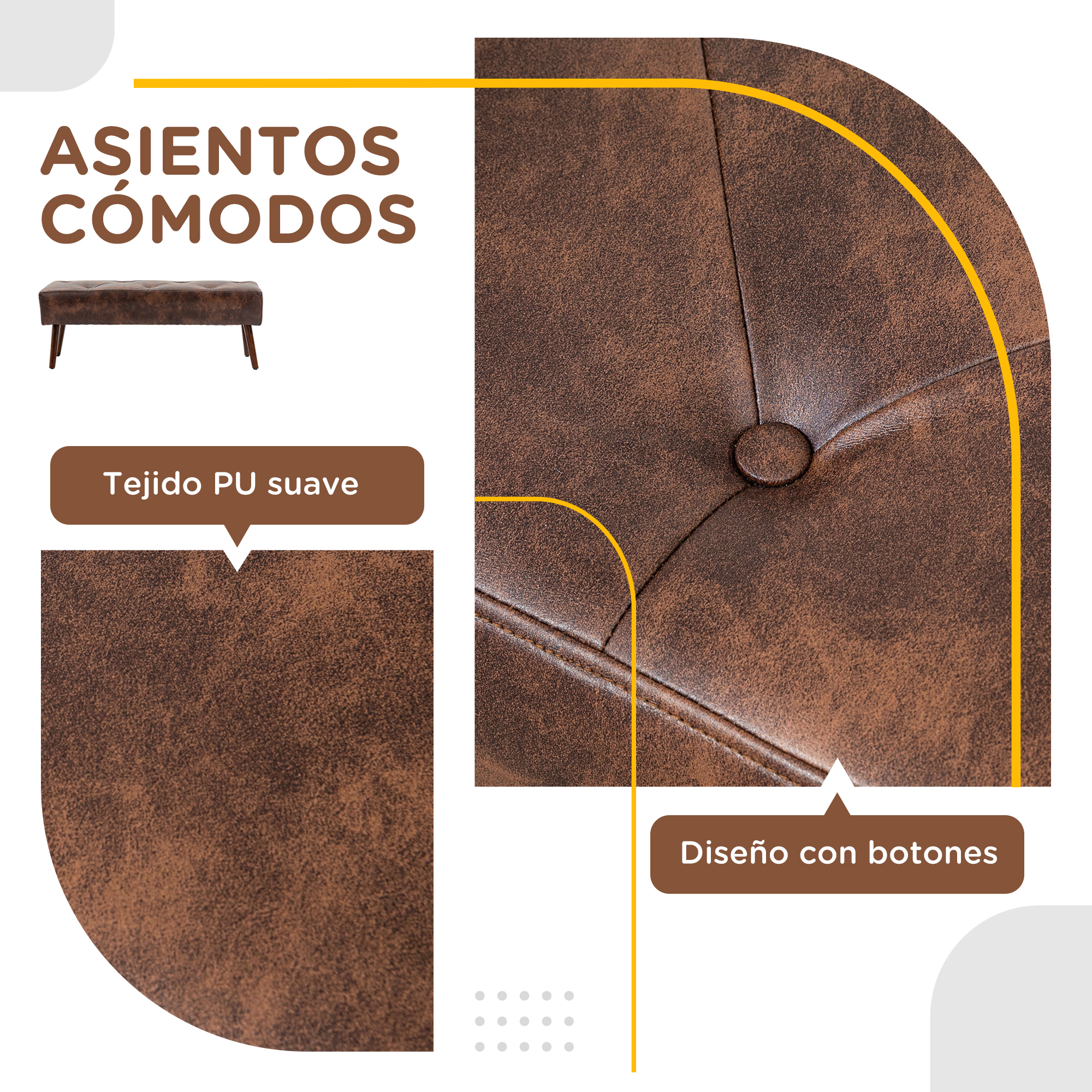 Banco marrón con diseño abotonado, tejido PU suave y asientos cómodos, con etiquetas de texto en español.