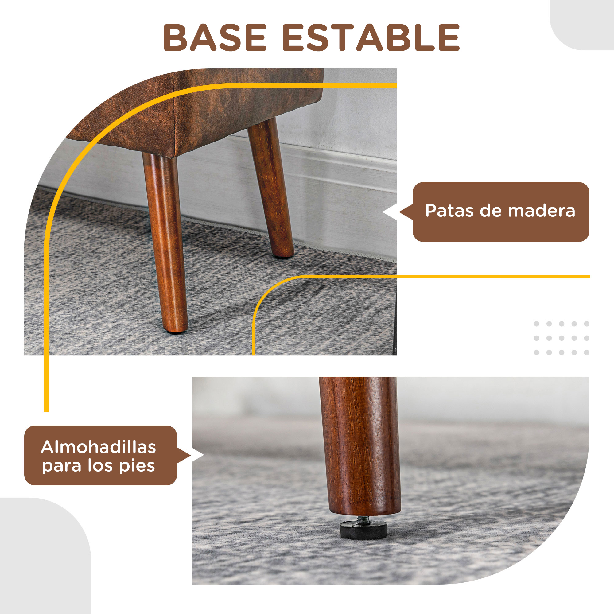 Primer plano de la base de una silla con patas de madera, sobre una alfombra. Las patas tienen almohadillas. Texto: 'Base Estable'.