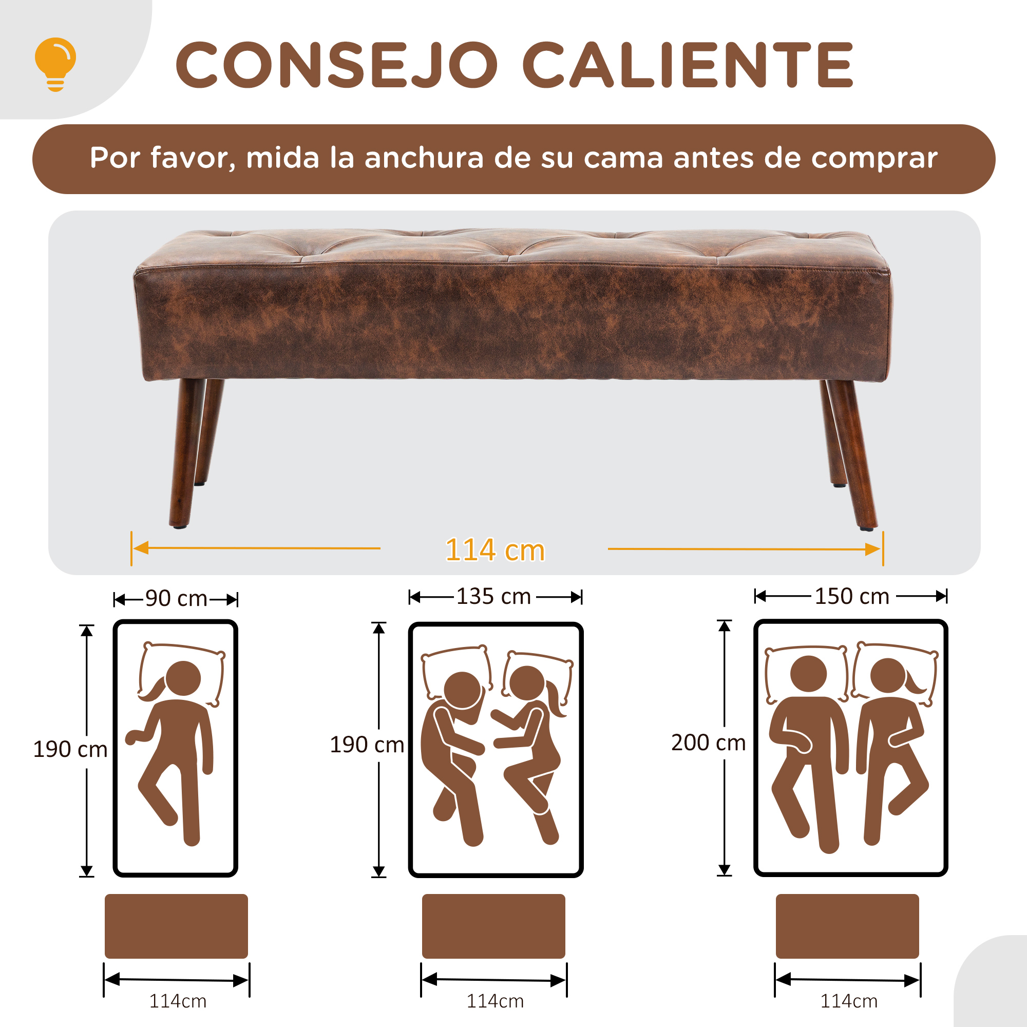 Imagen muestra un banco y guías de tamaños de cama. Texto: Mide el ancho de tu cama antes de comprar. Tamaños son 90cm, 135cm y 150cm.