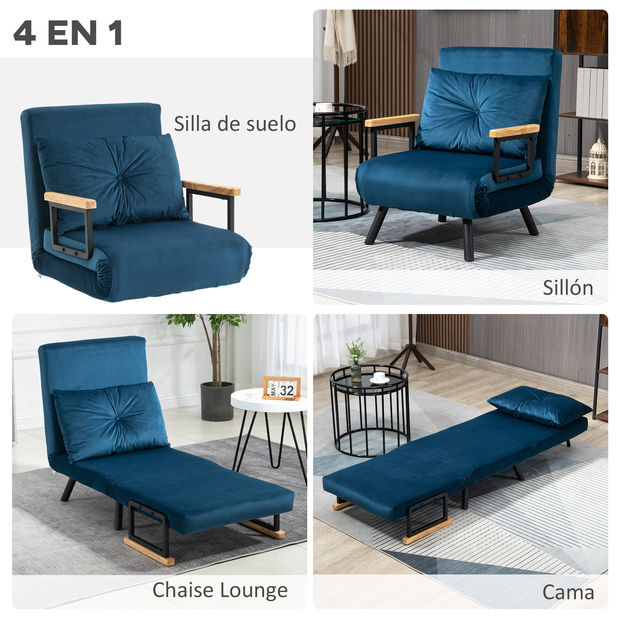 Un sofá cama azul 4 en 1. Puede ser una silla, un sofá, una chaise longue o una cama, con reposabrazos de madera.