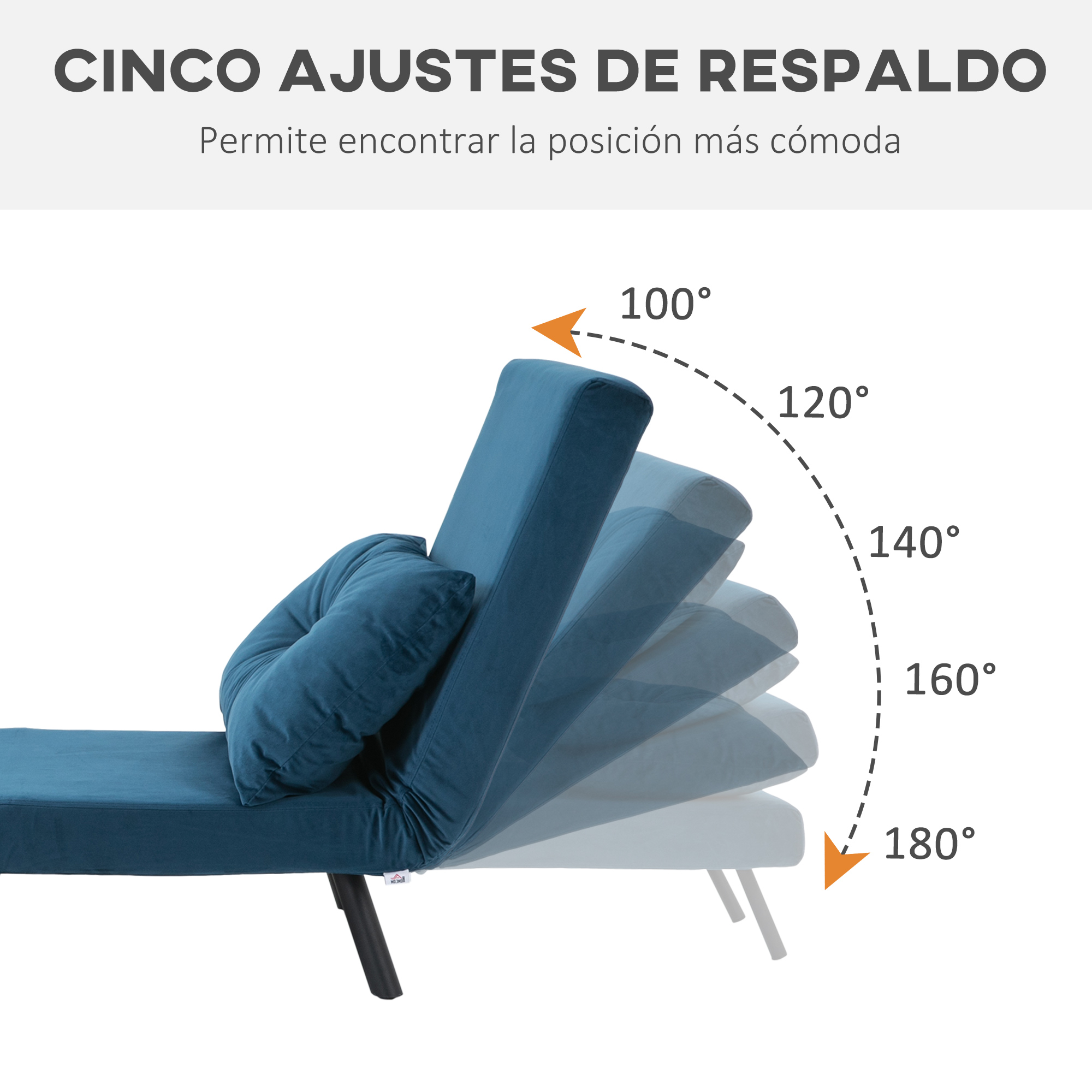 Sofá azul ajustable con almohada. Muestra 5 posiciones de respaldo de 100 a 180 grados. El texto dice 'CINCO AJUSTES DE RESPALDO'.