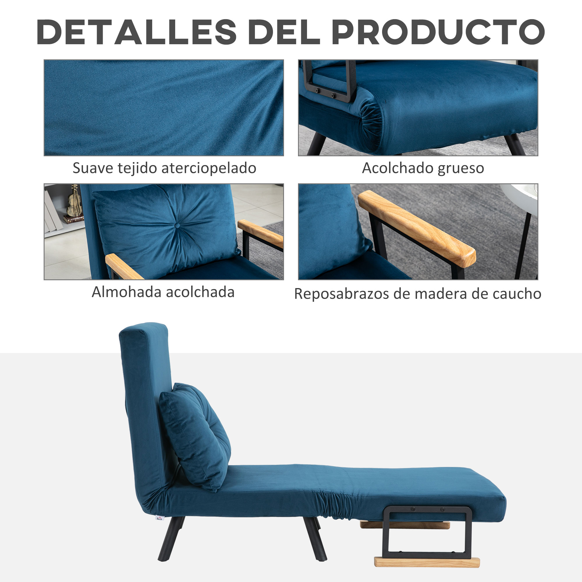 Se muestra un sofá cama de terciopelo azul con una almohada y reposabrazos de madera. Los detalles incluyen tela, acolchado y primeros planos.